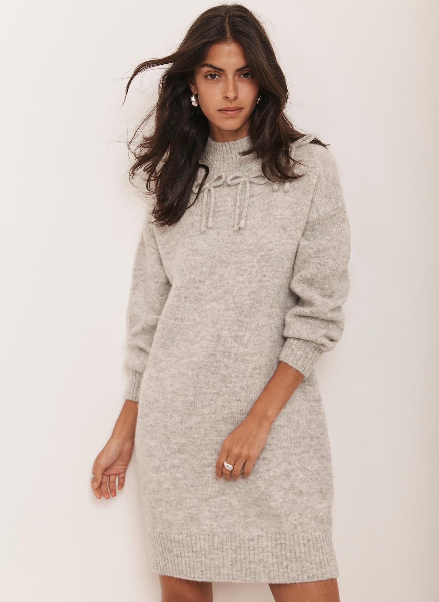 Grey Knit Bow Jumper Dress