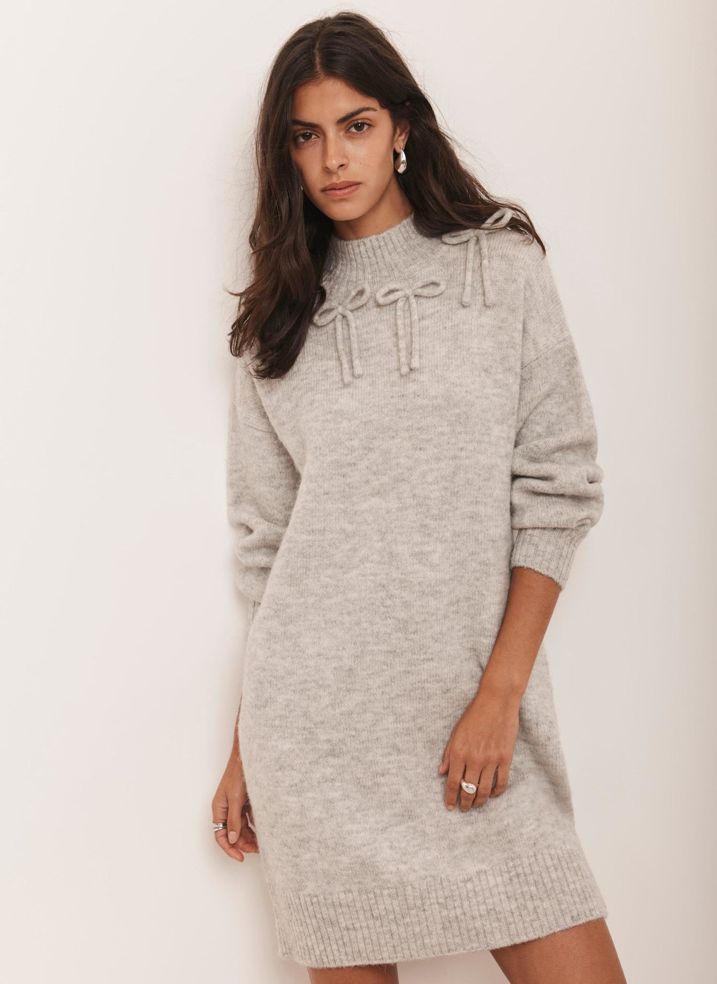 Grey Knit Bow Jumper Dress