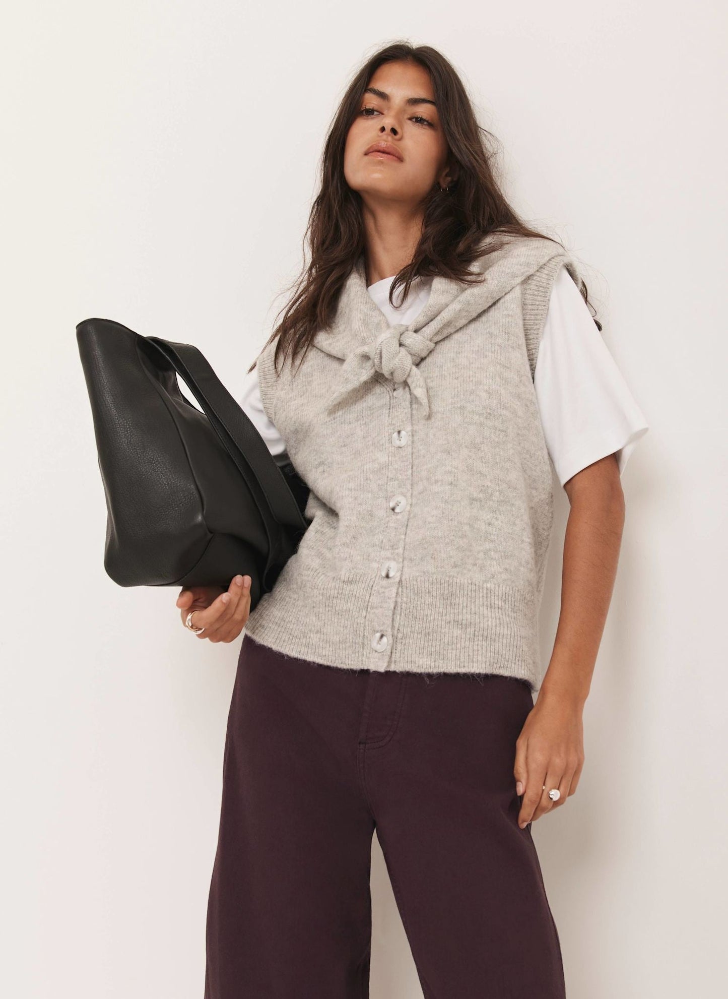 Grey Sleeveless Scarf Detail Knit Top