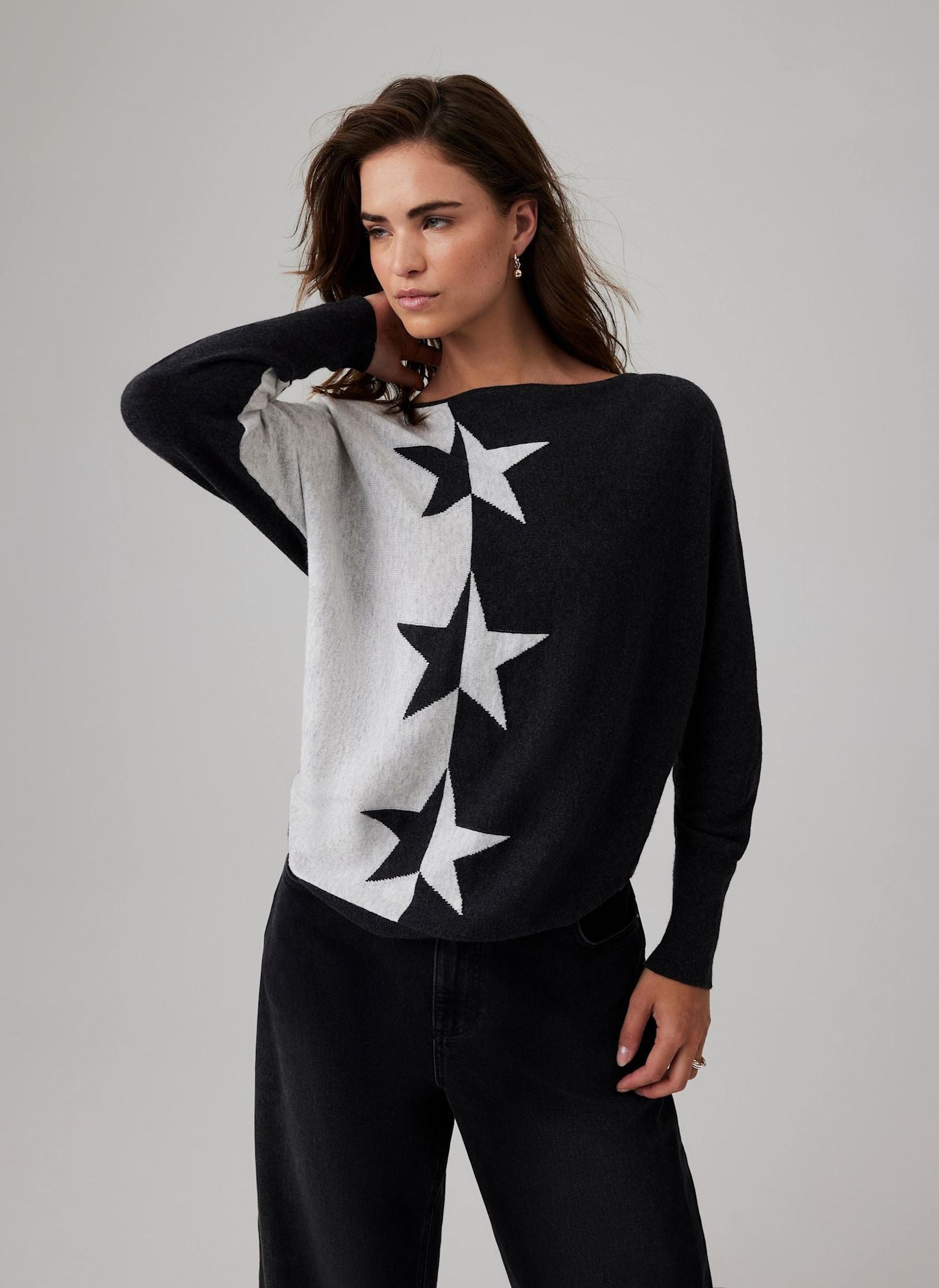 Grey Cotton Blend Fine Knit Batwing Jumper