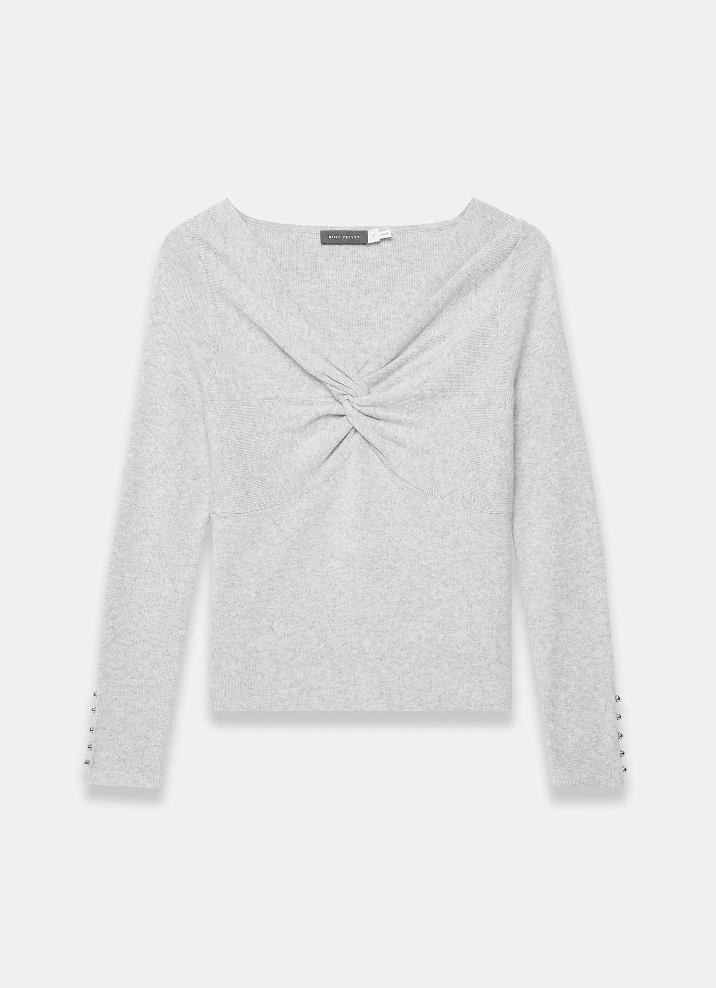Grey Cotton Blend Twist Front Knit Top