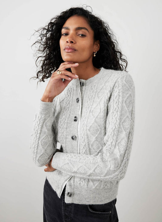 Grey Cable Knit Wool Blend Cardigan