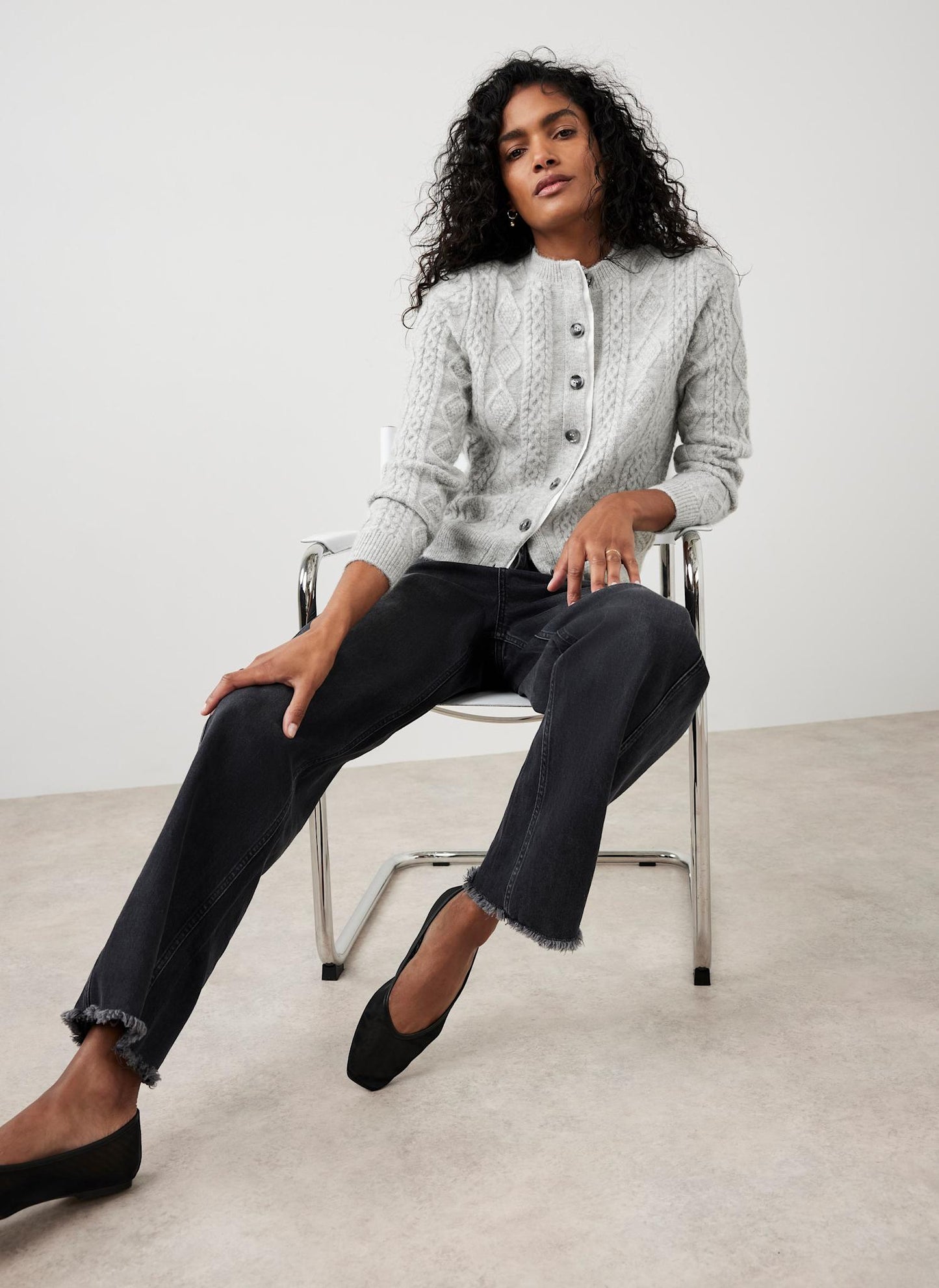 Grey Cable Knit Wool Blend Cardigan