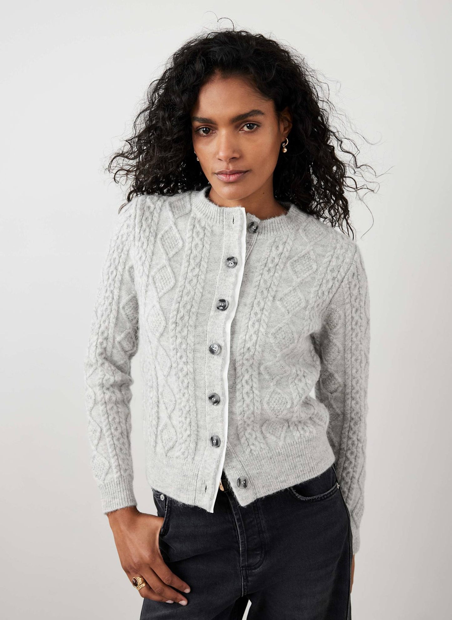 Grey Cable Knit Wool Blend Cardigan