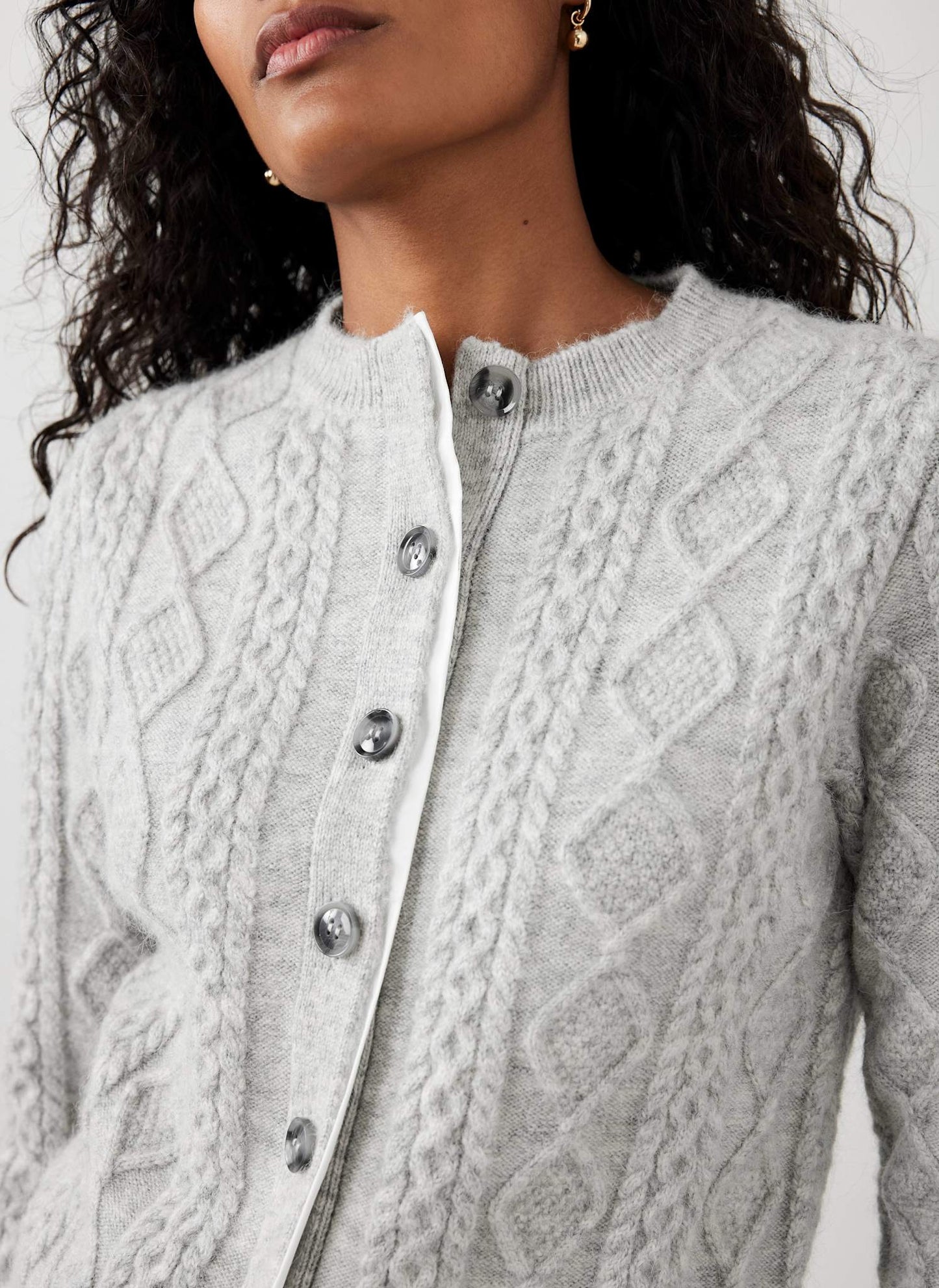 Grey Cable Knit Wool Blend Cardigan