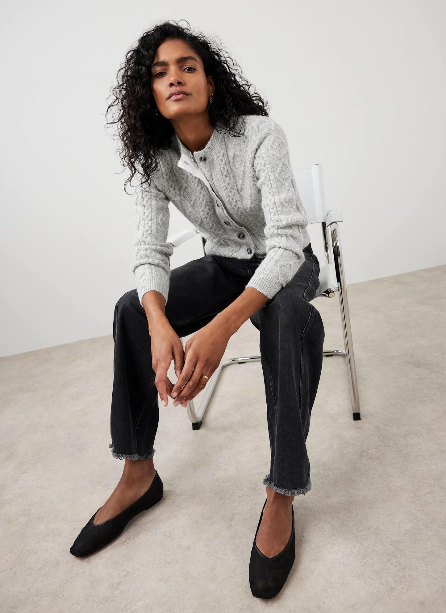 Grey Cable Knit Wool Blend Cardigan