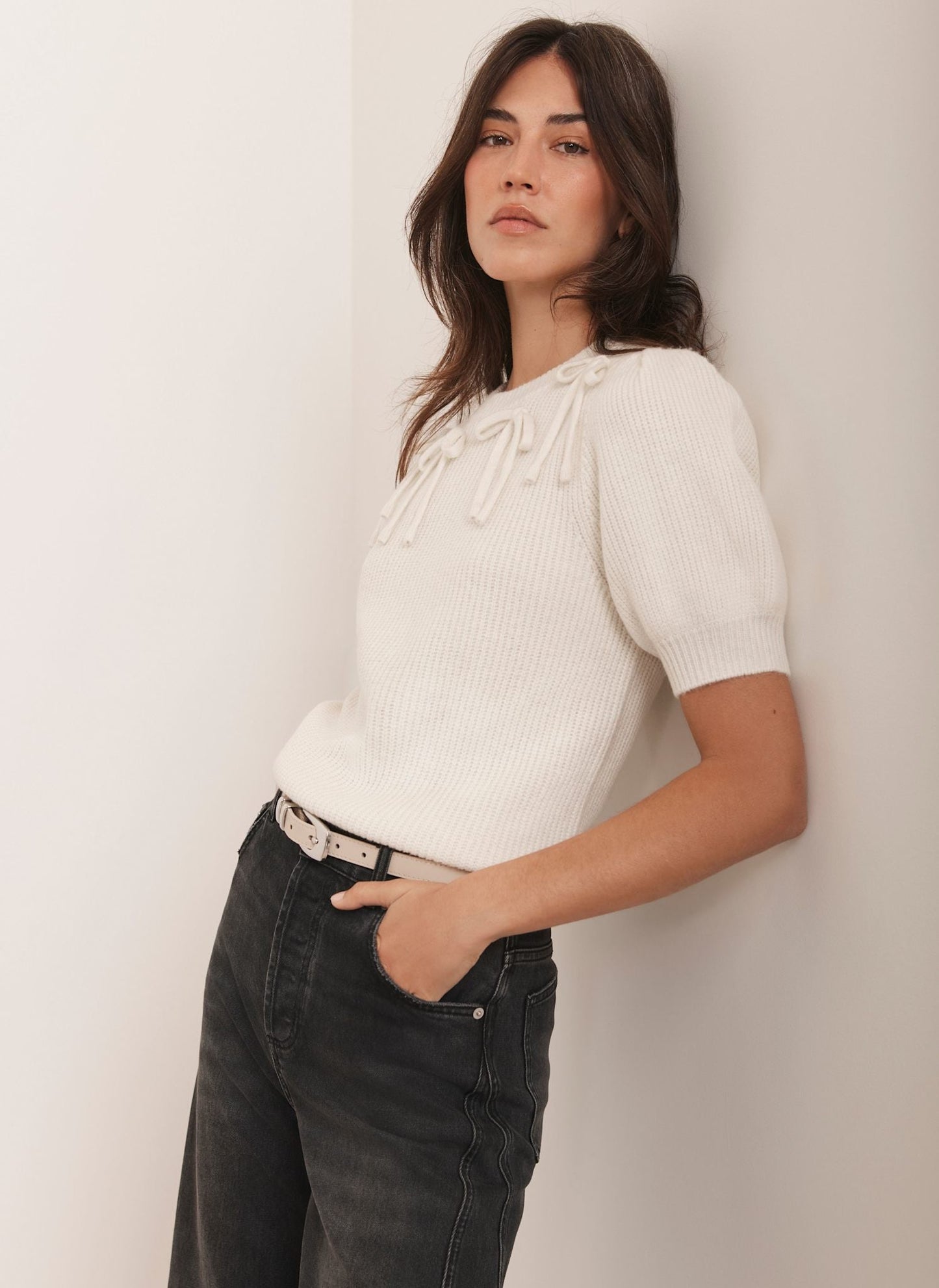Cream Bow Detail Knit Top