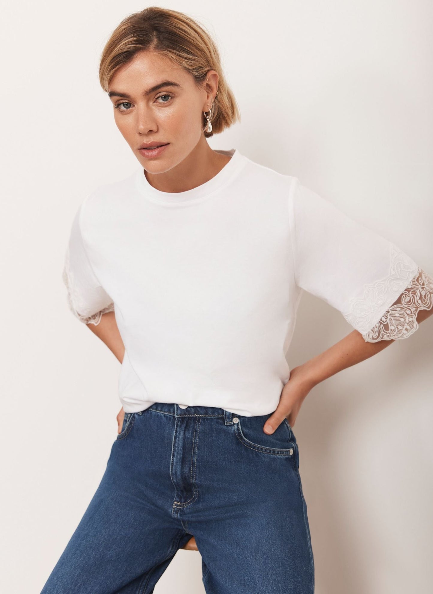 White Cotton Lace Trim T-Shirt