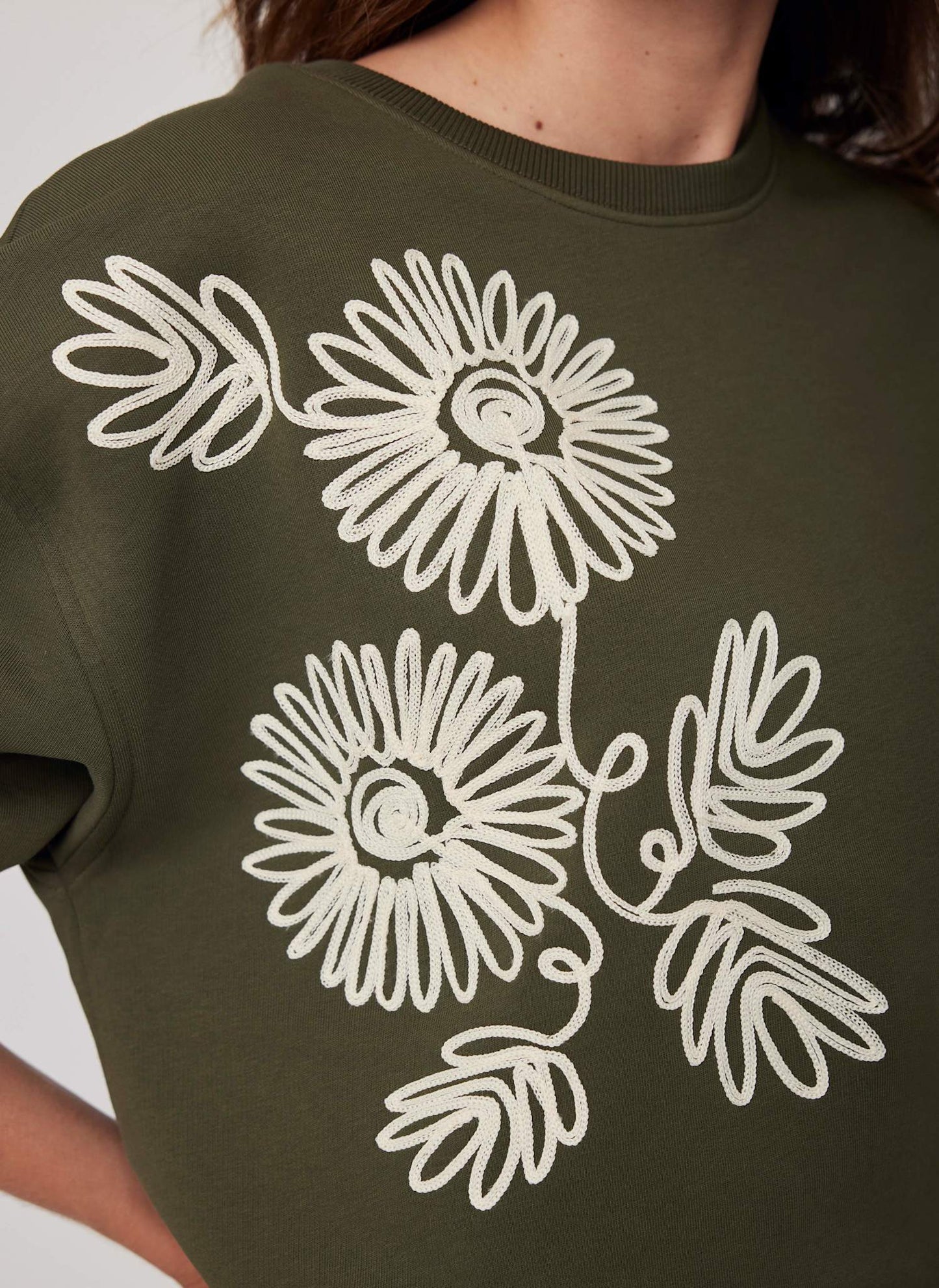 Khaki Cotton Blend Flower Sweatshirt