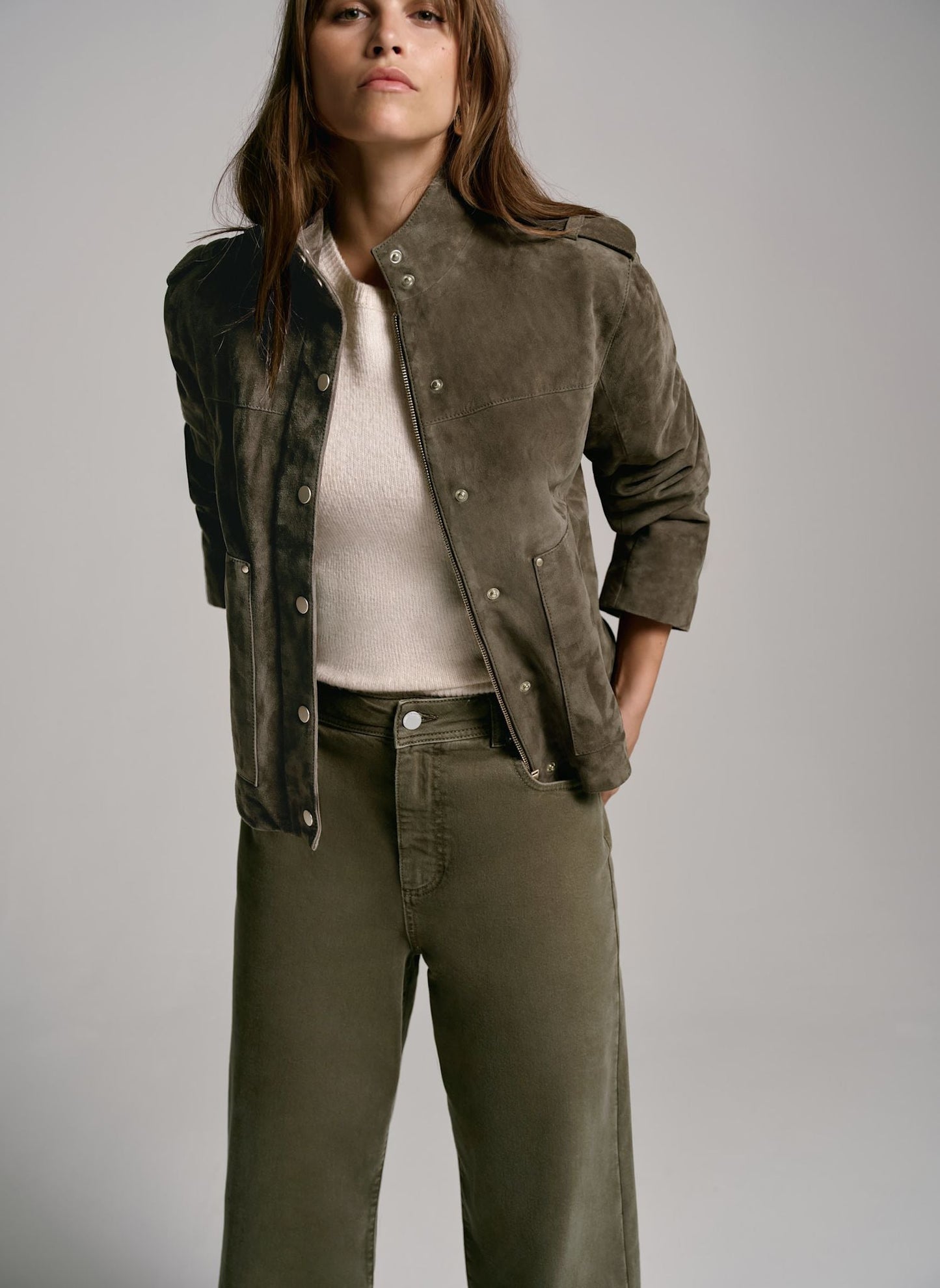 Khaki Suede Bomber Jacket