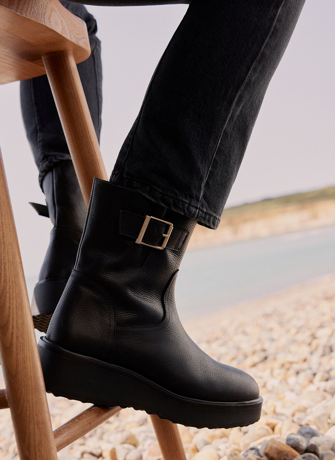 Lola Black Leather Wedge Biker Boots