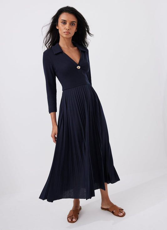Navy Jersey Collar Midi Dress