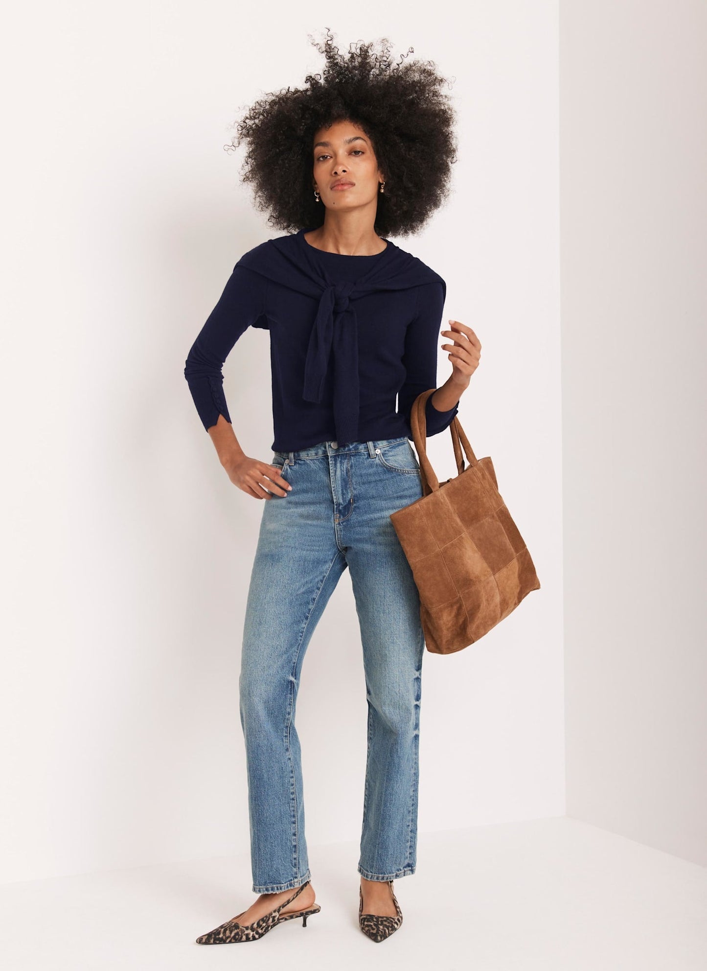 Navy Cotton Blend Scarf Detail Jumper