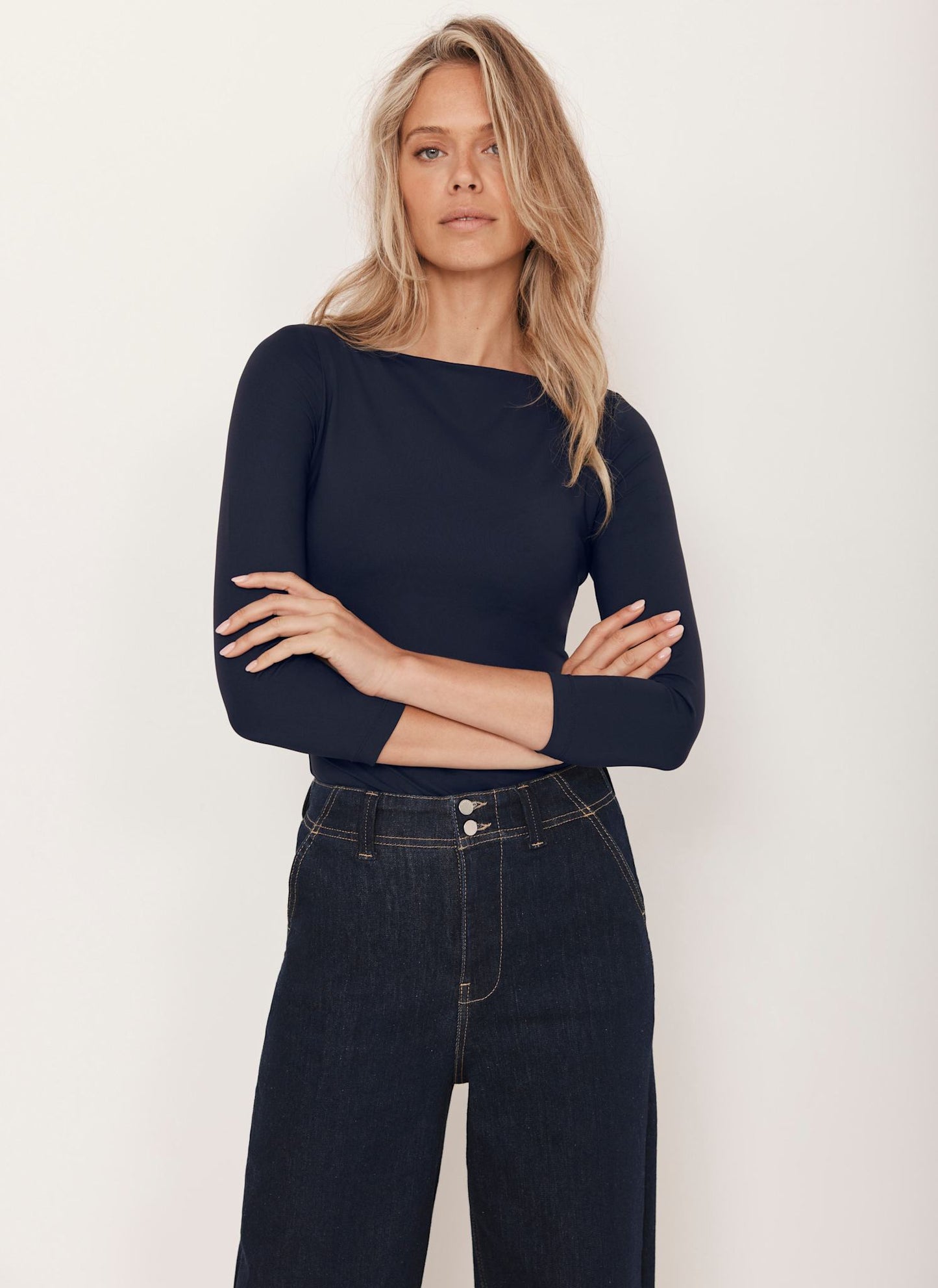 Navy Slash Neck Layering Top