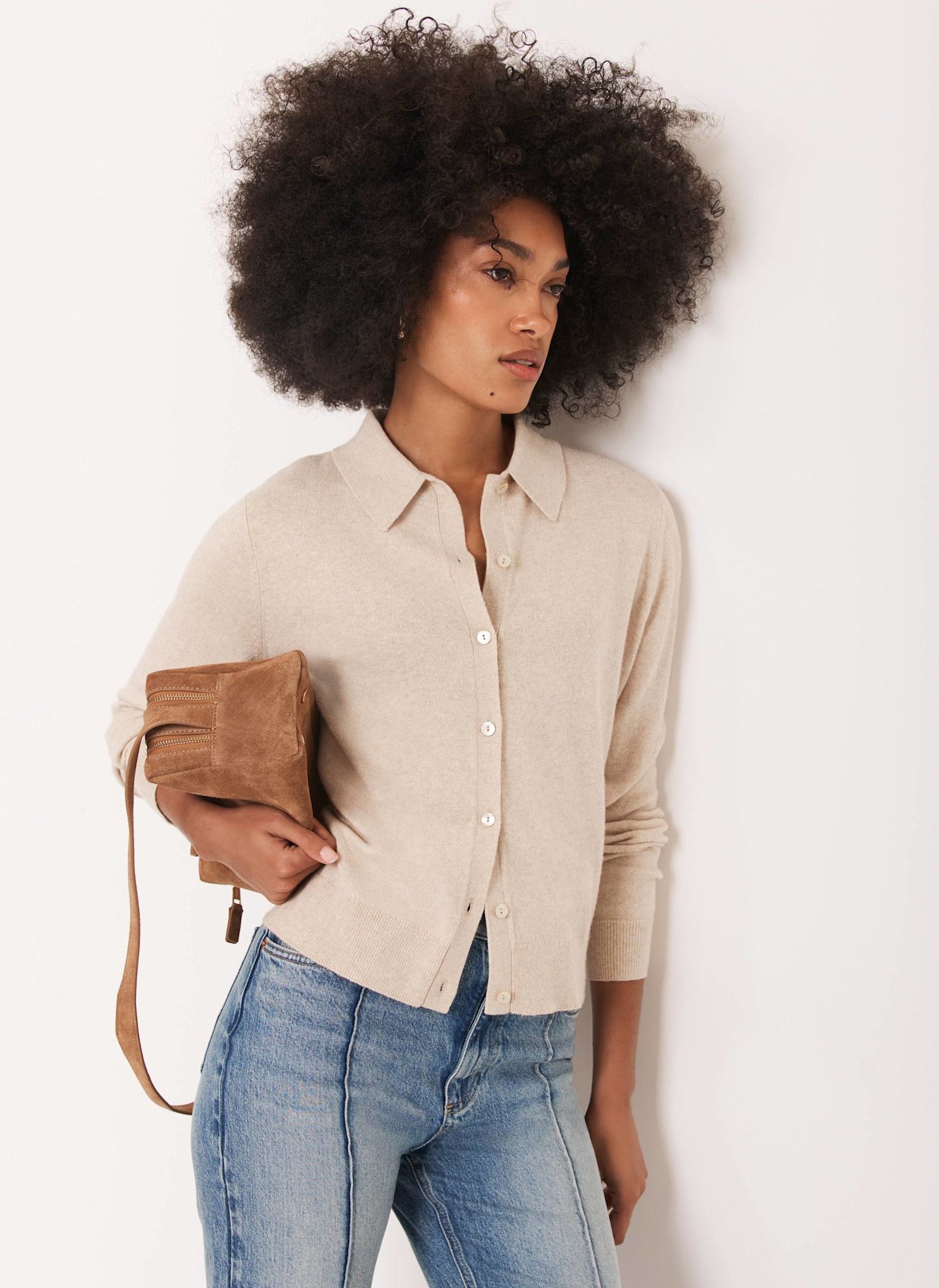 Neutral Cotton Blend Button Collar Cardigan