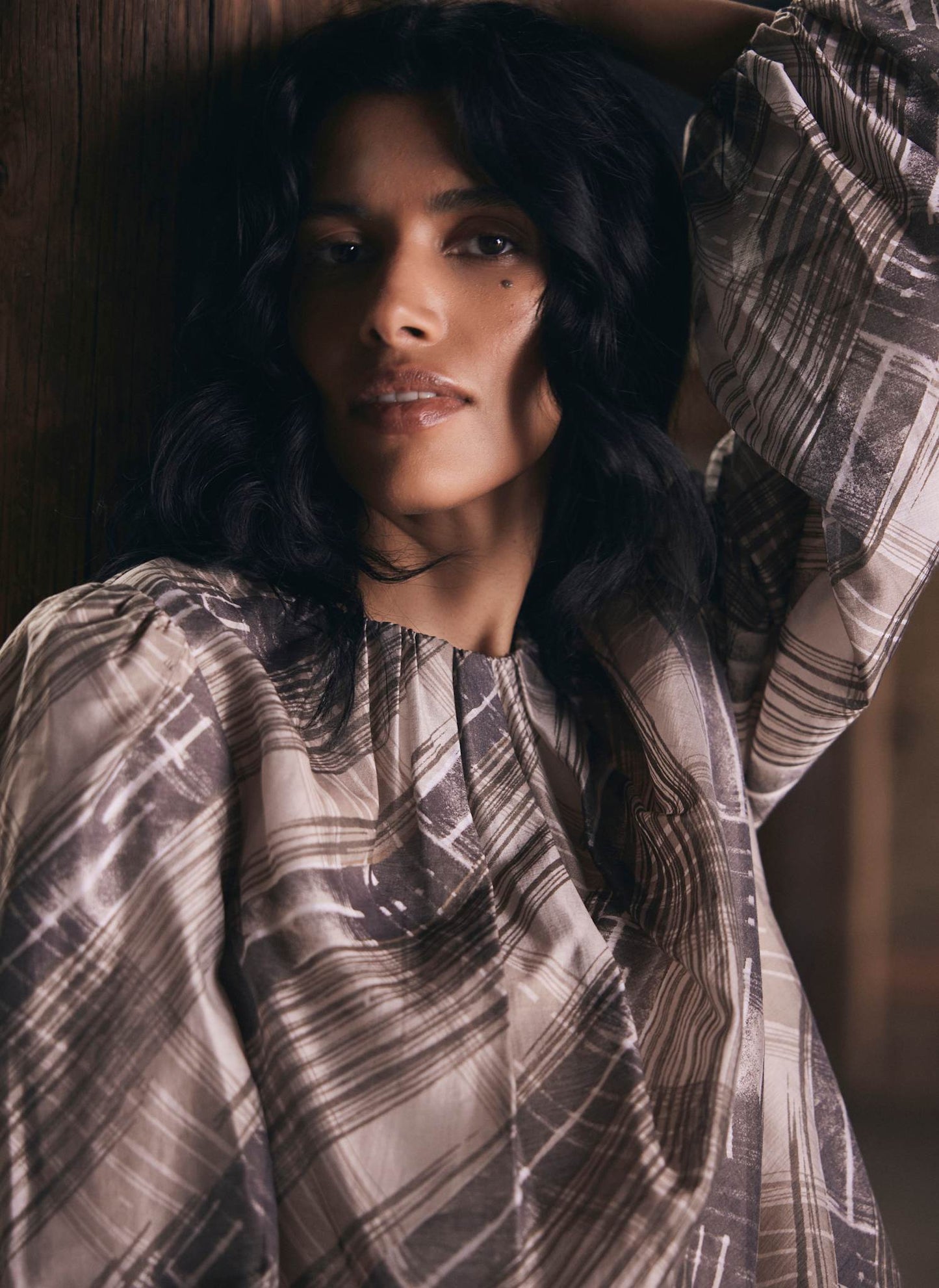 Brown Check Print Blouse