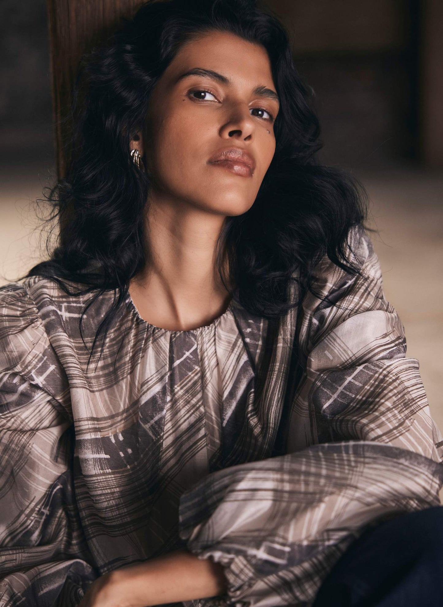 Brown Check Print Blouse