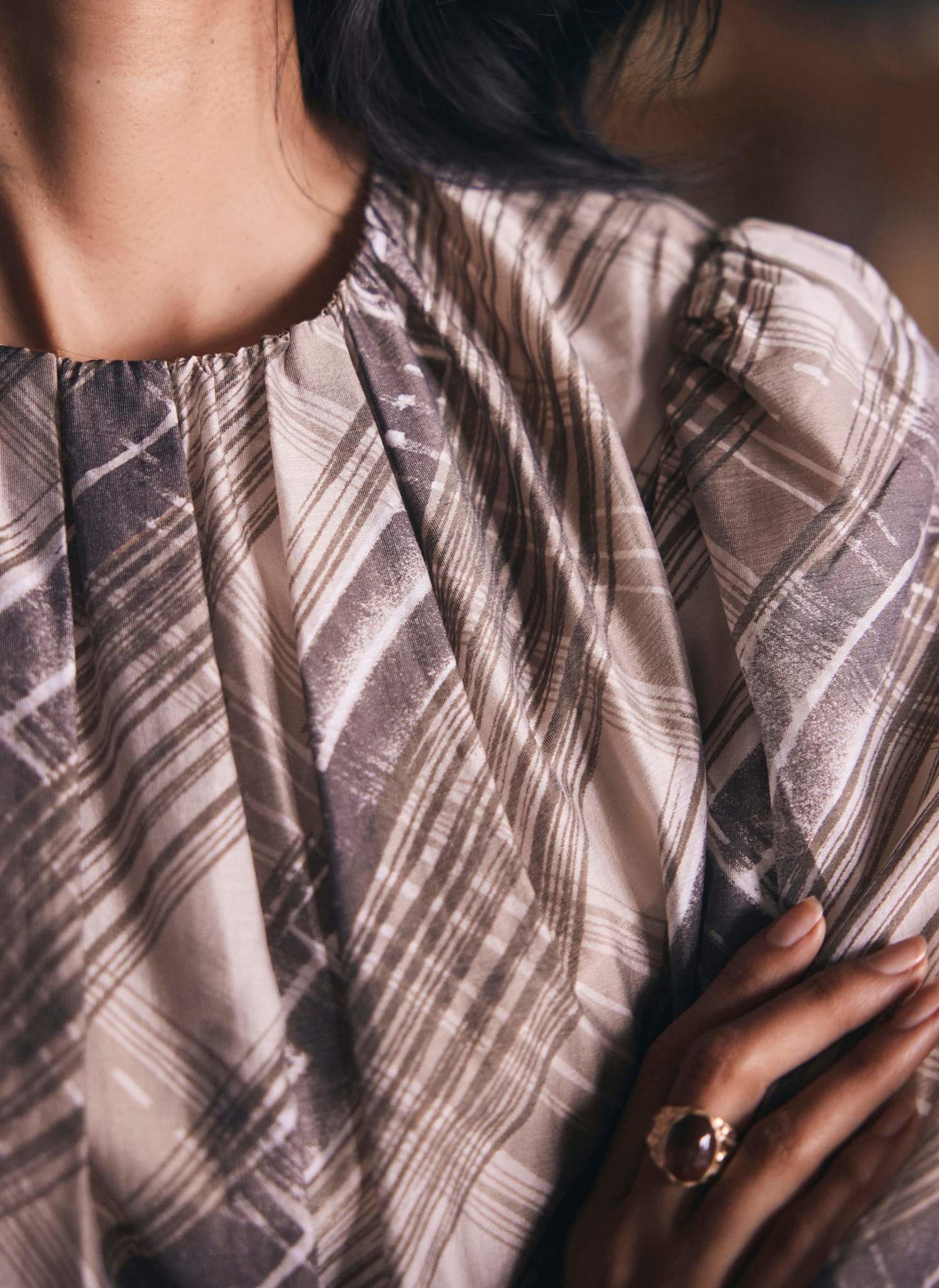 Brown Check Print Blouse