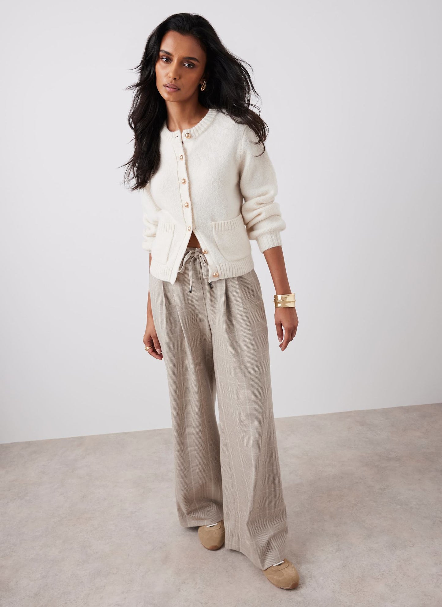 Neutral Checked Tailored Wide Trousers