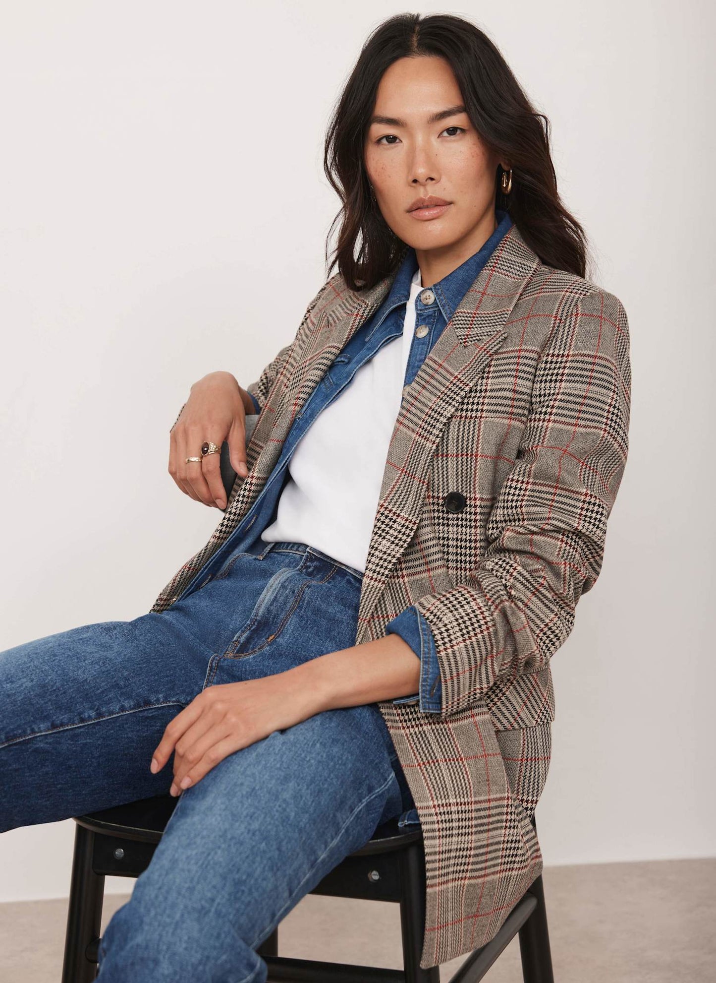 Neutral Checked Double Breasted Blazer