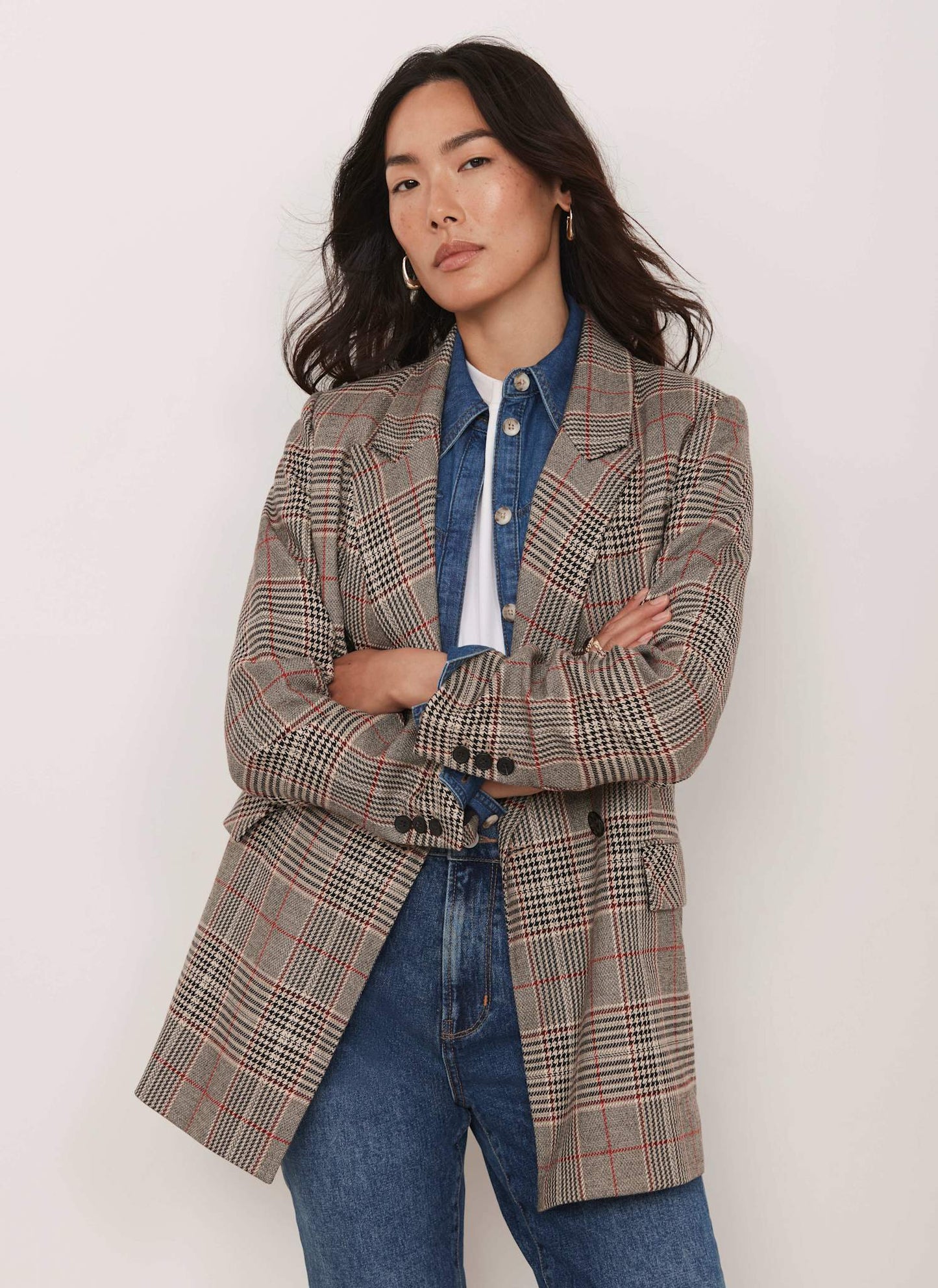 Neutral Checked Double Breasted Blazer