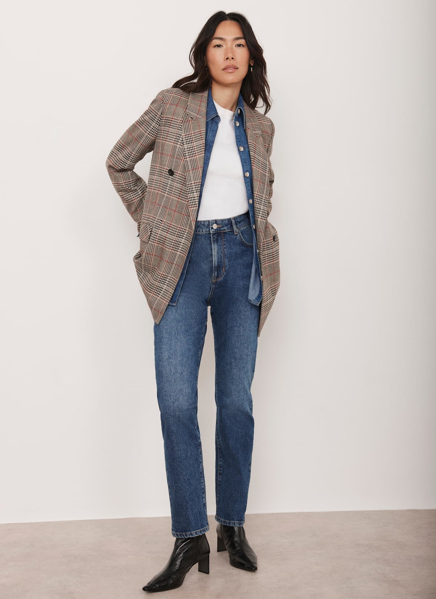 Neutral Checked Double Breasted Blazer