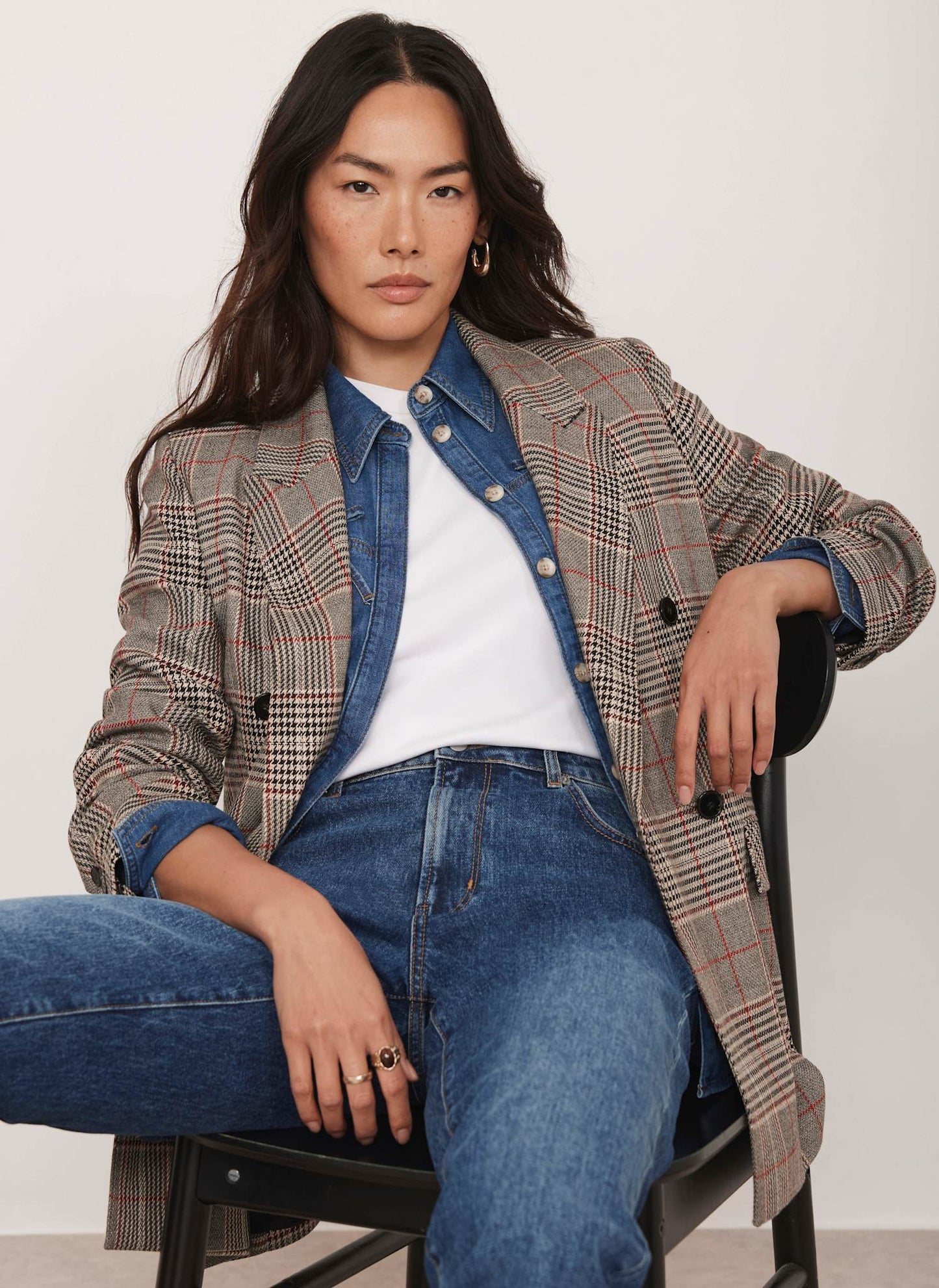 Neutral Checked Double Breasted Blazer