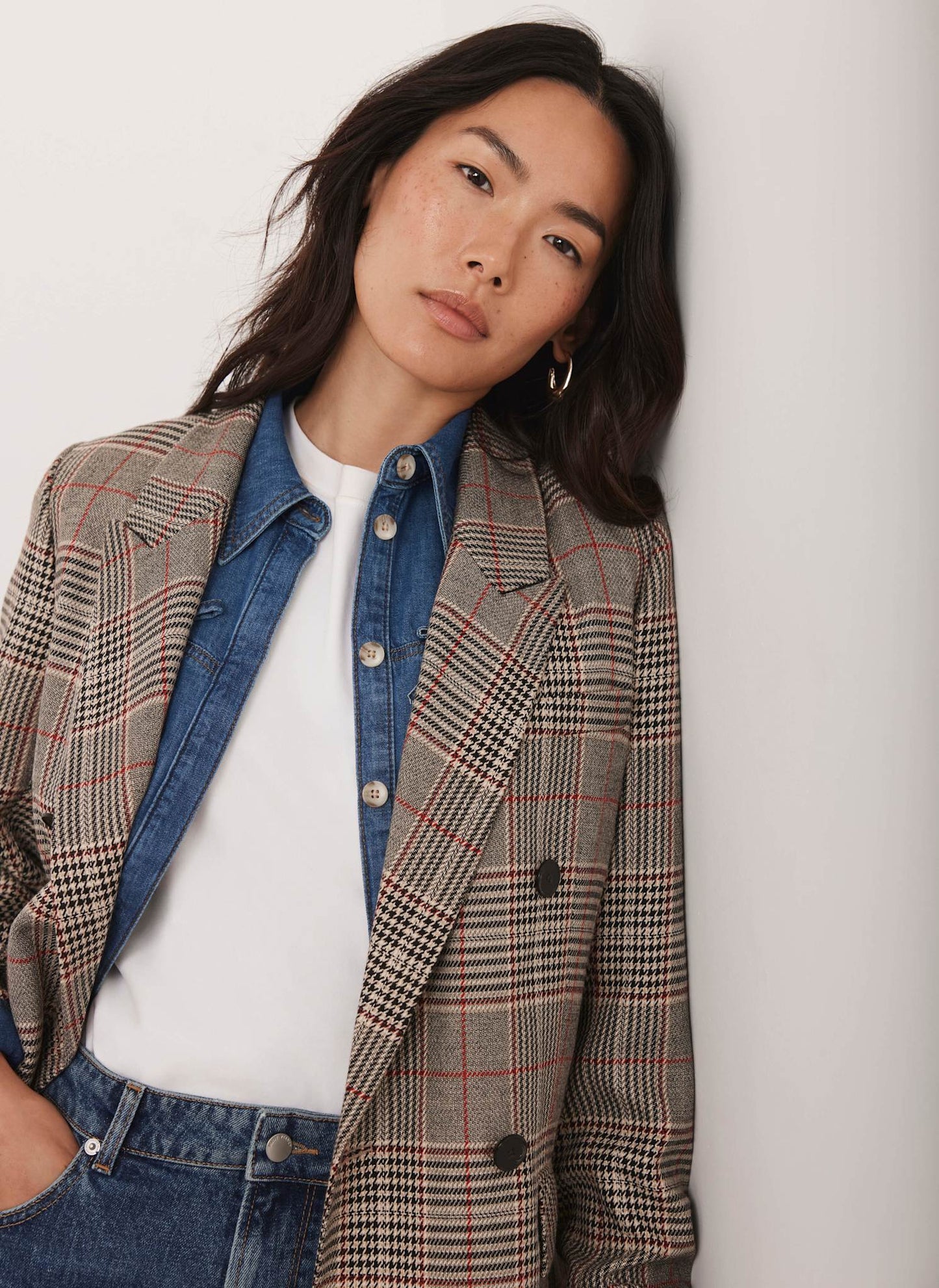 Neutral Checked Double Breasted Blazer