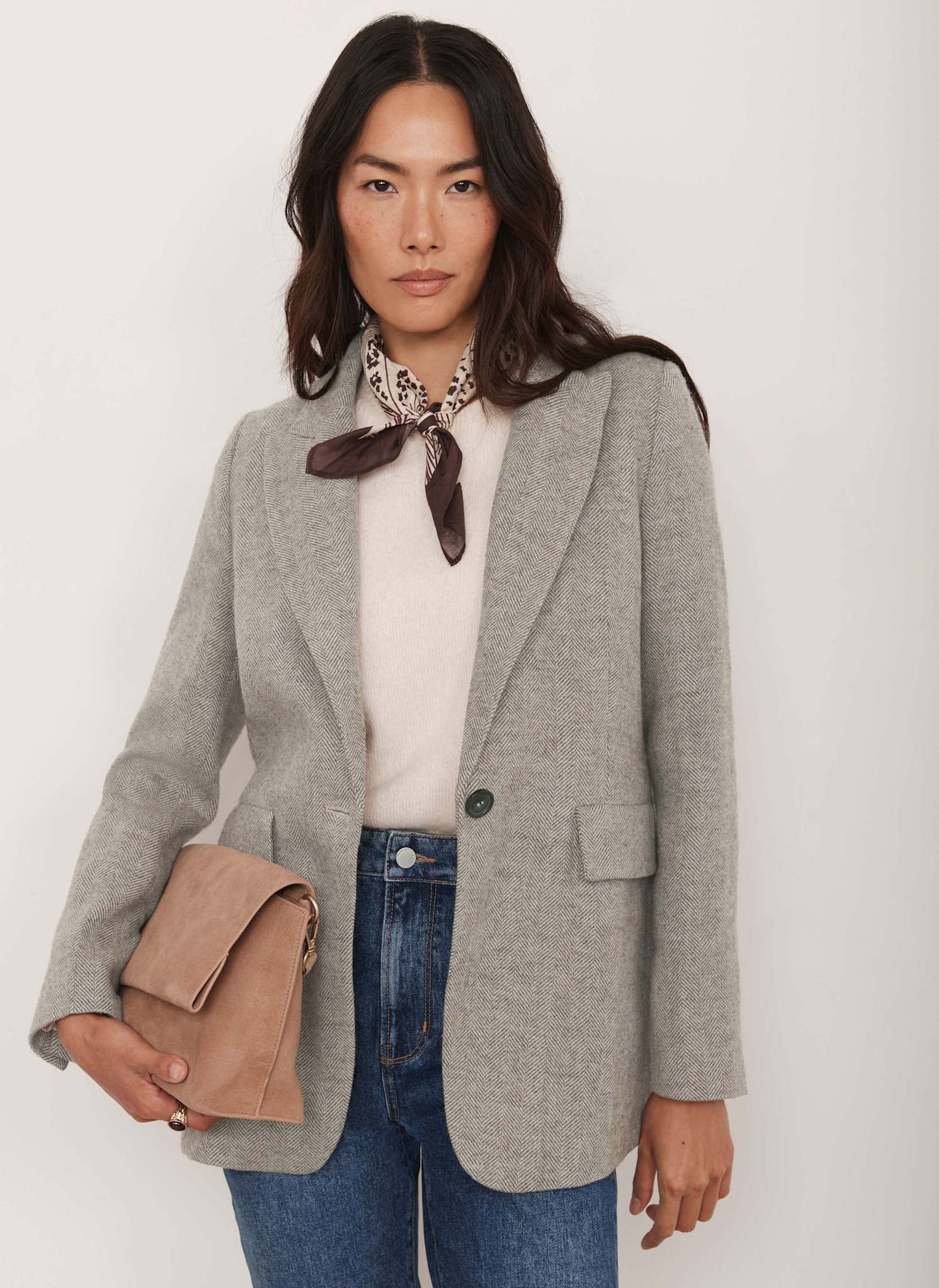 Neutral Herringbone Single Breasted Blazer