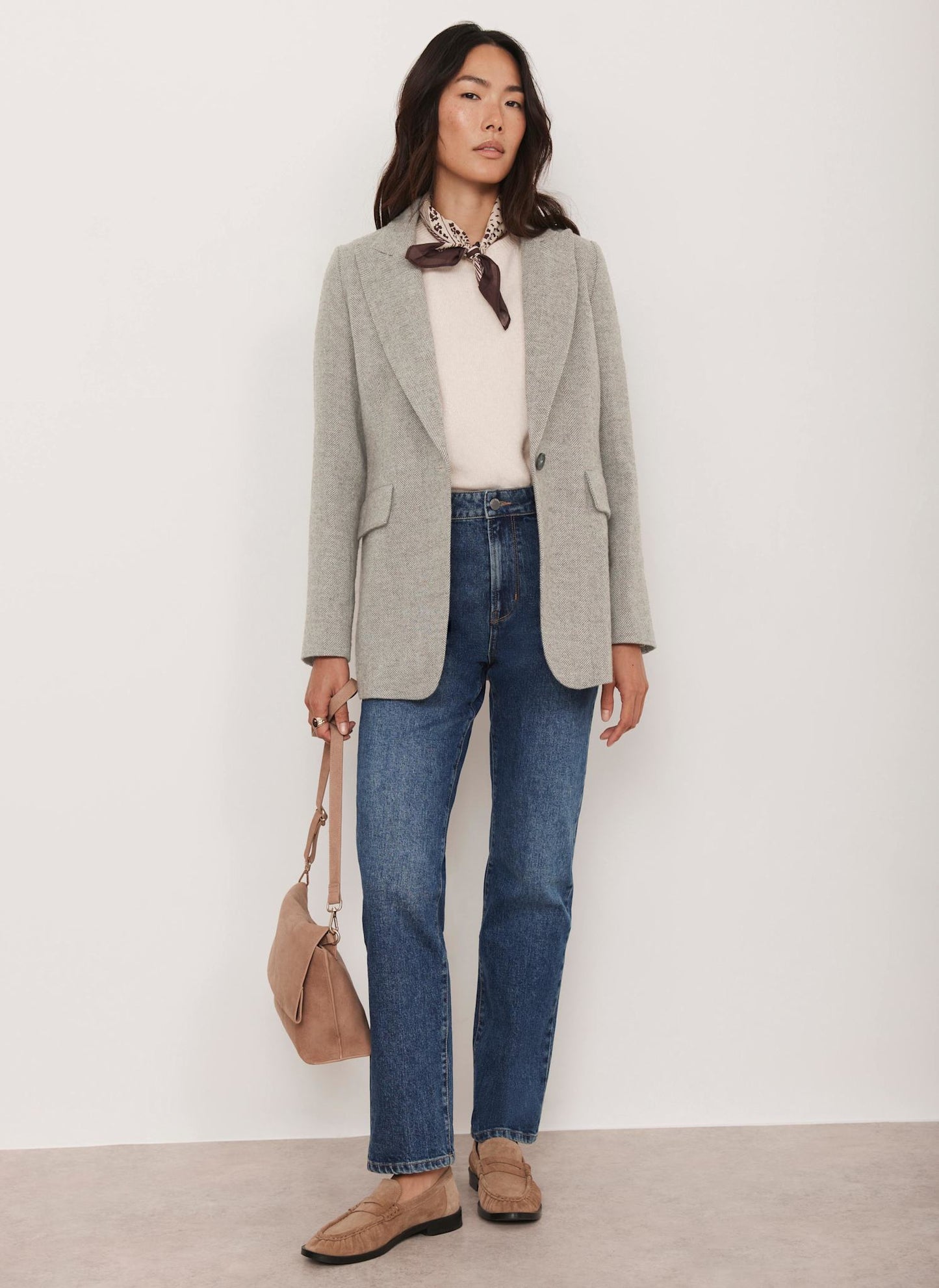 Neutral Herringbone Single Breasted Blazer