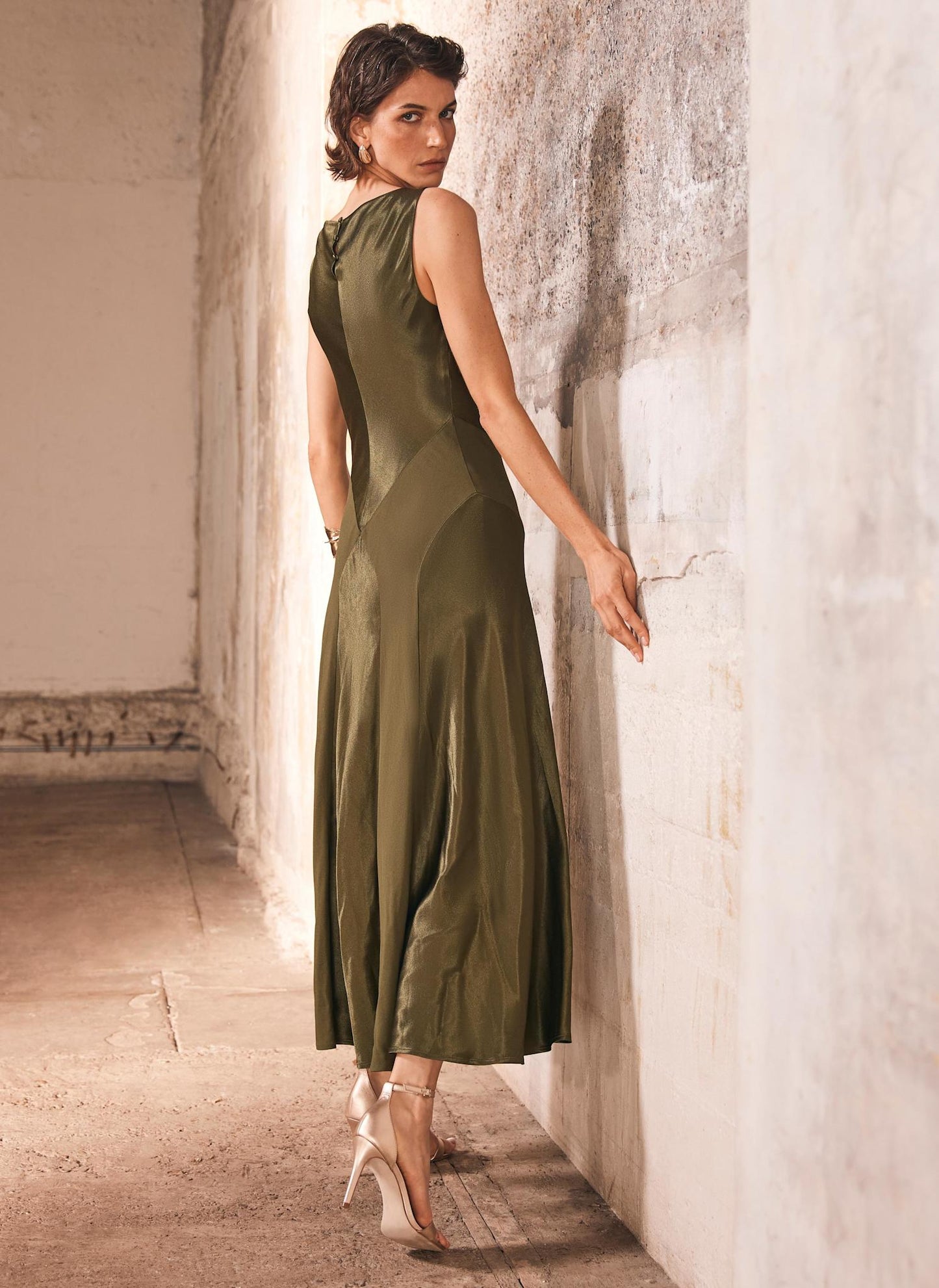 Green Panelled Satin Maxi Dress