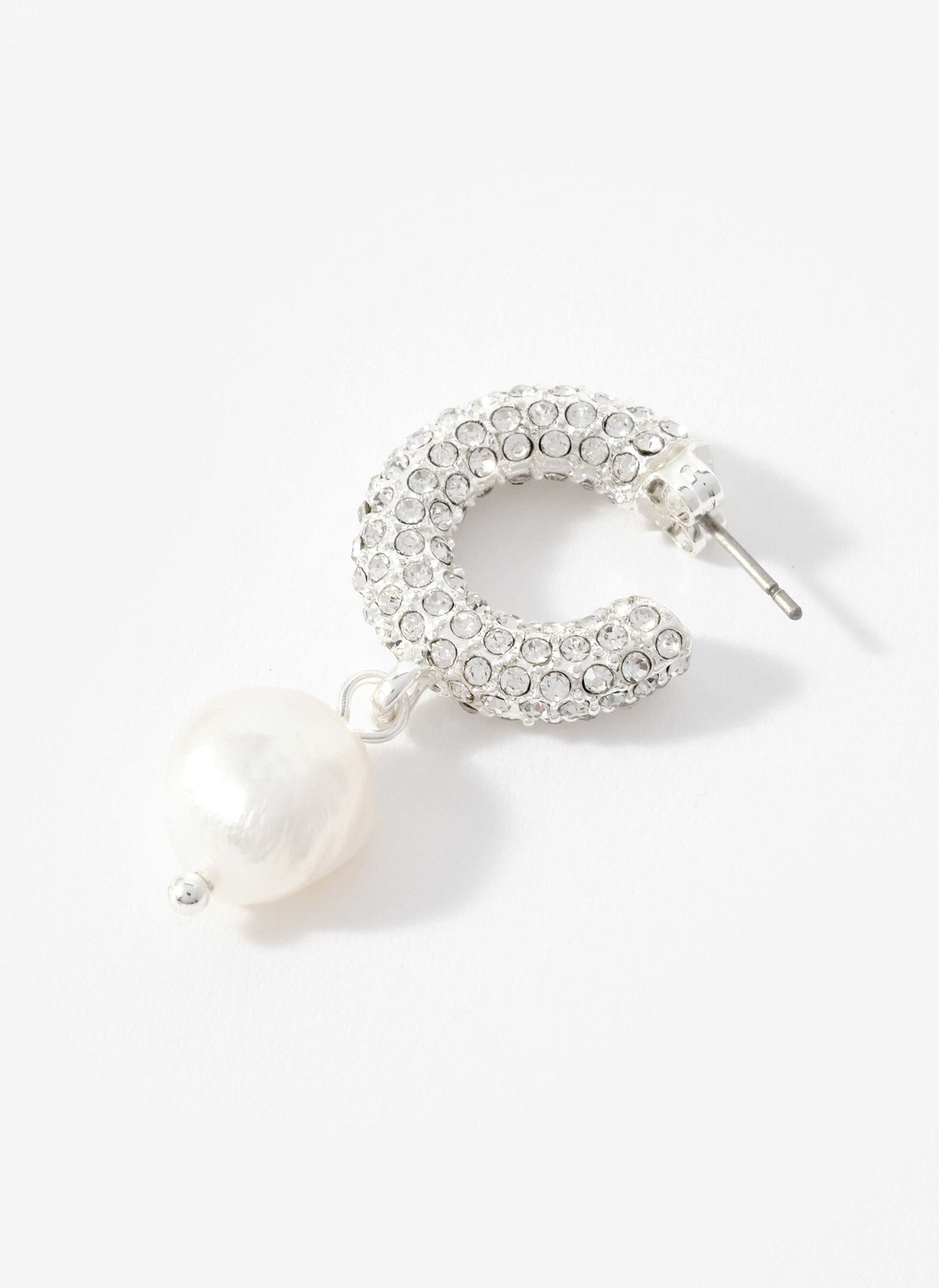 Silver Tone Pave Hoop Pearl Earrings