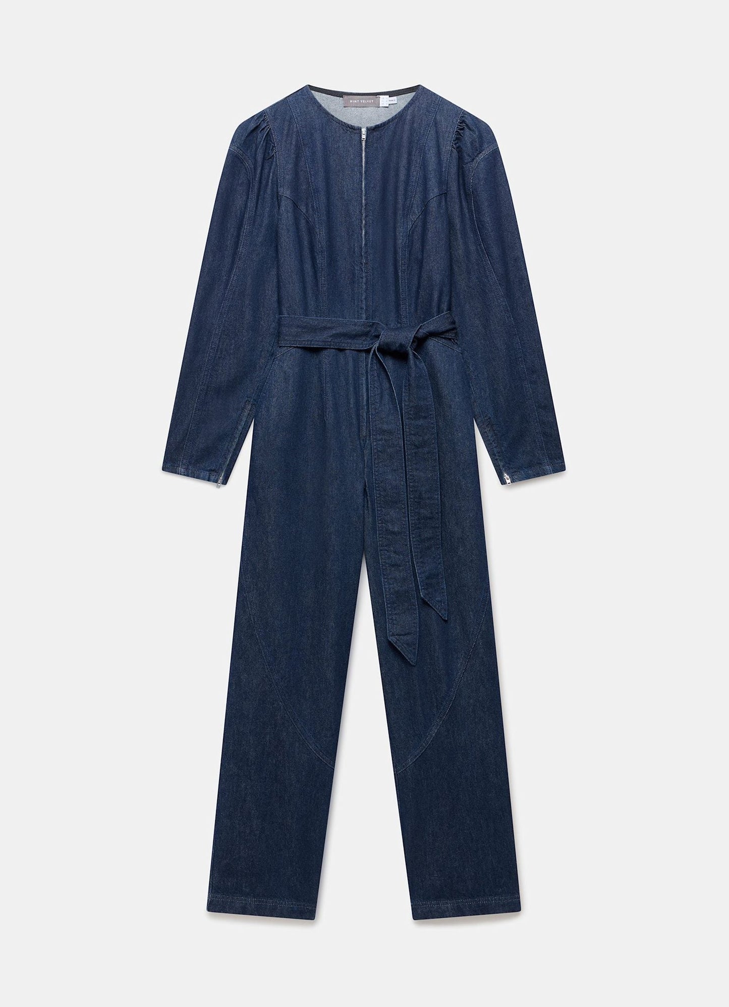 Navy Puff Sleeve Denim Jumpsuit