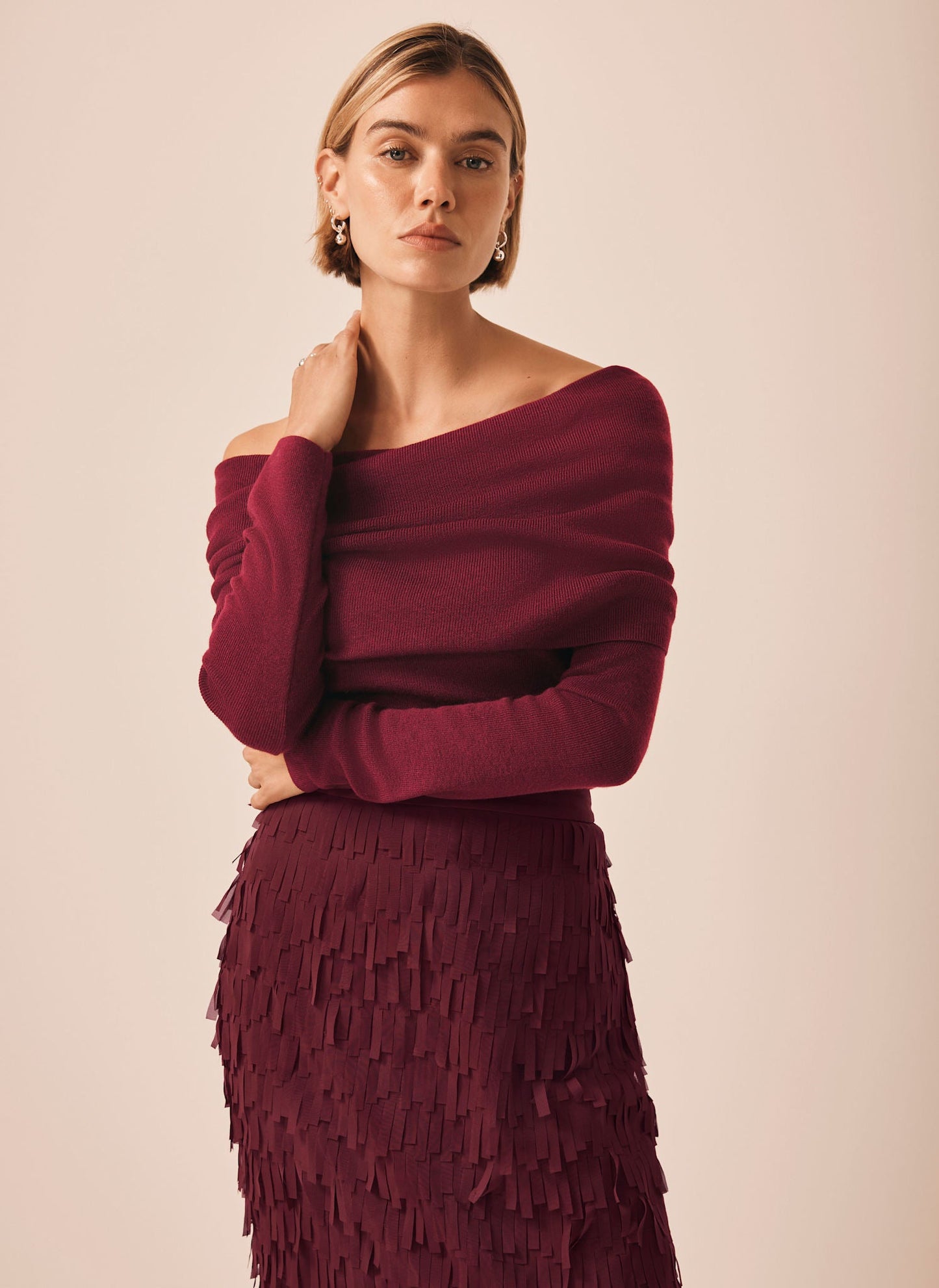 Burgundy Ribbed Bardot Top