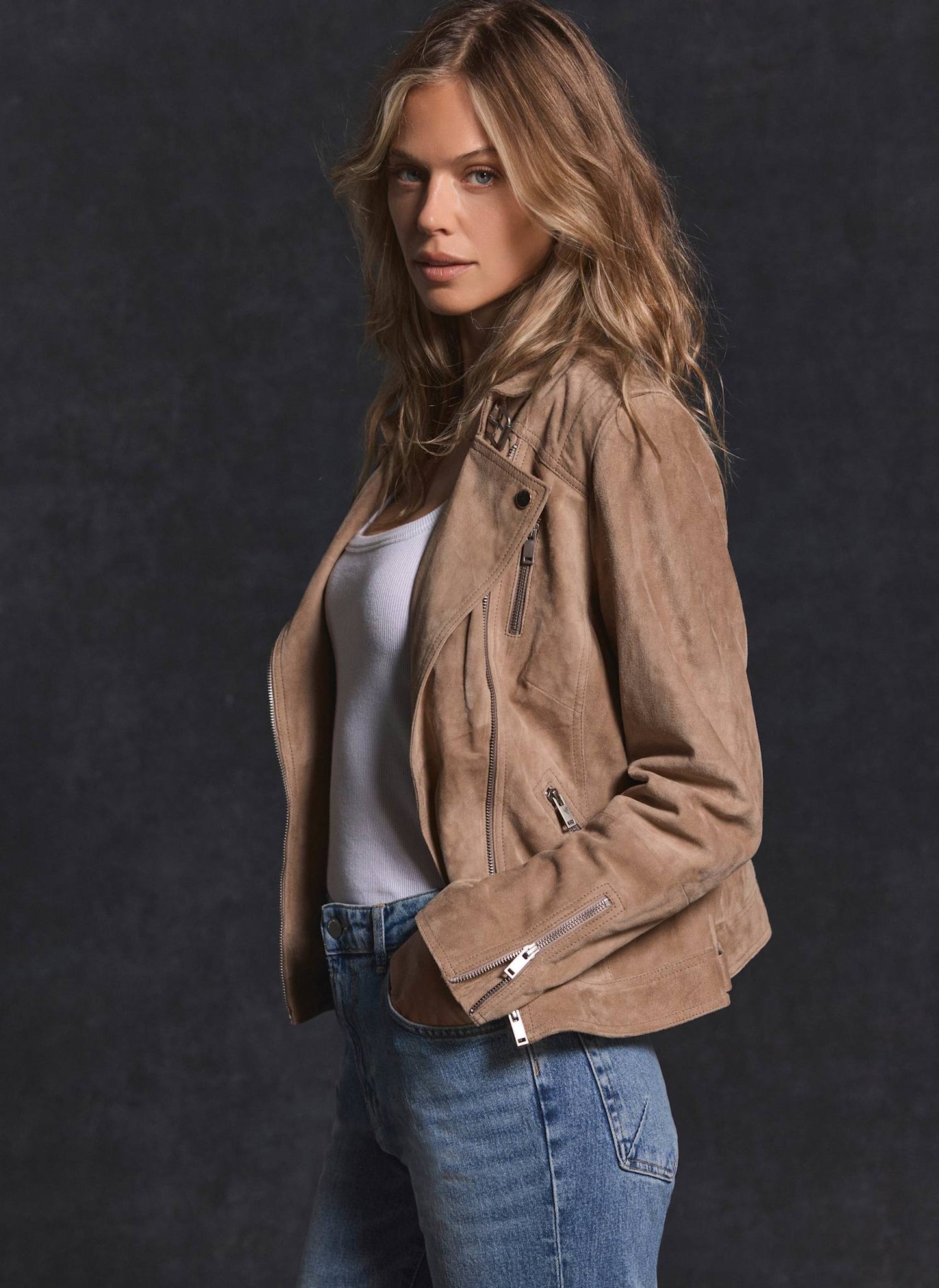 Neutral Suede Biker Jacket
