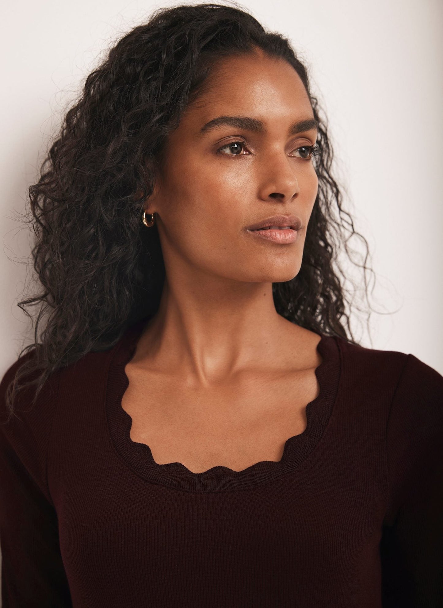 Burgundy Scallop Trim Midi Dress