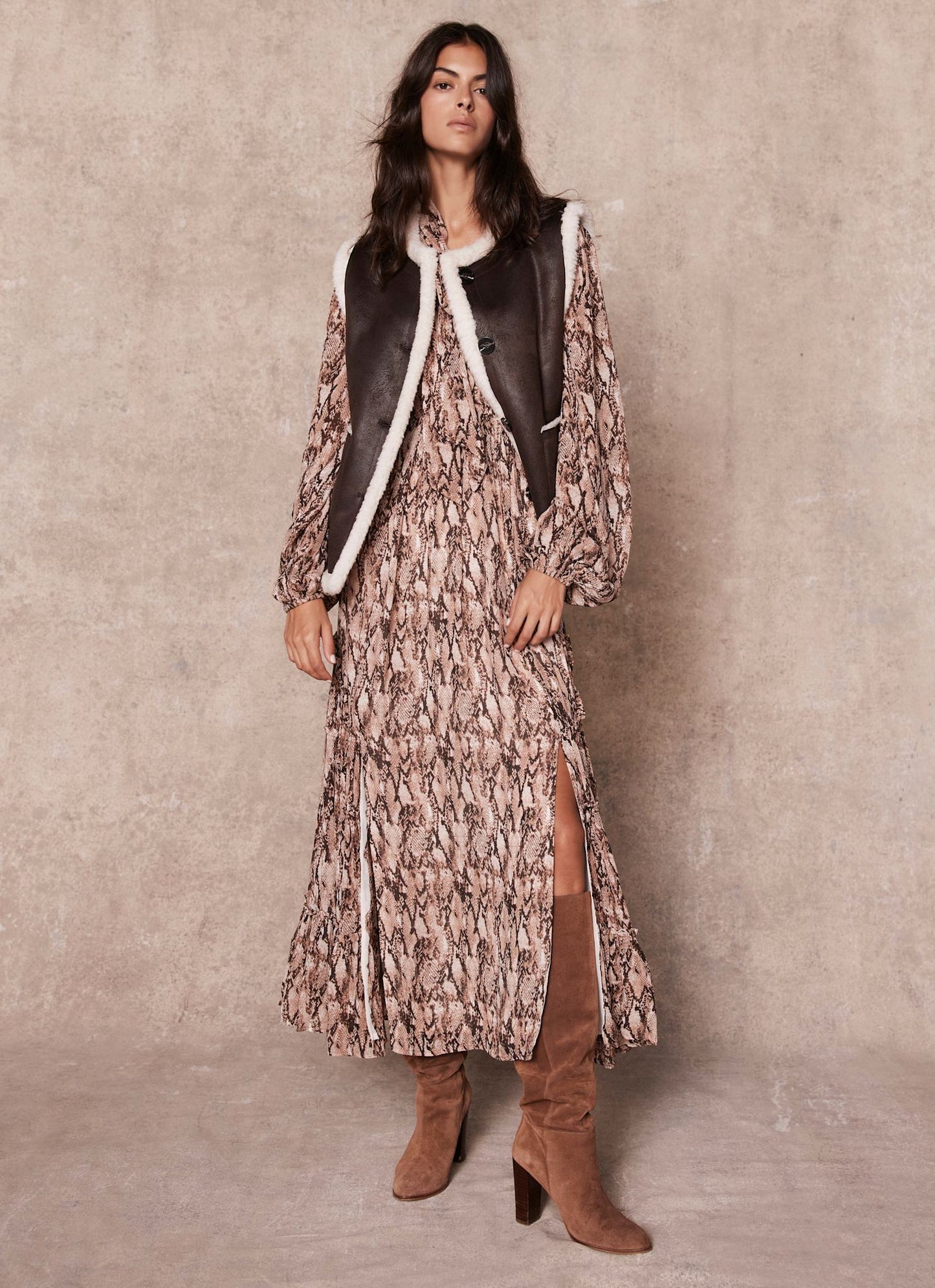 Brown Snake Print Midi Dress