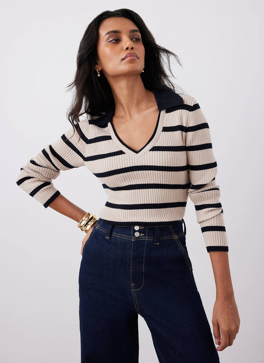 Cream Cotton Blend Striped Ribbed Top