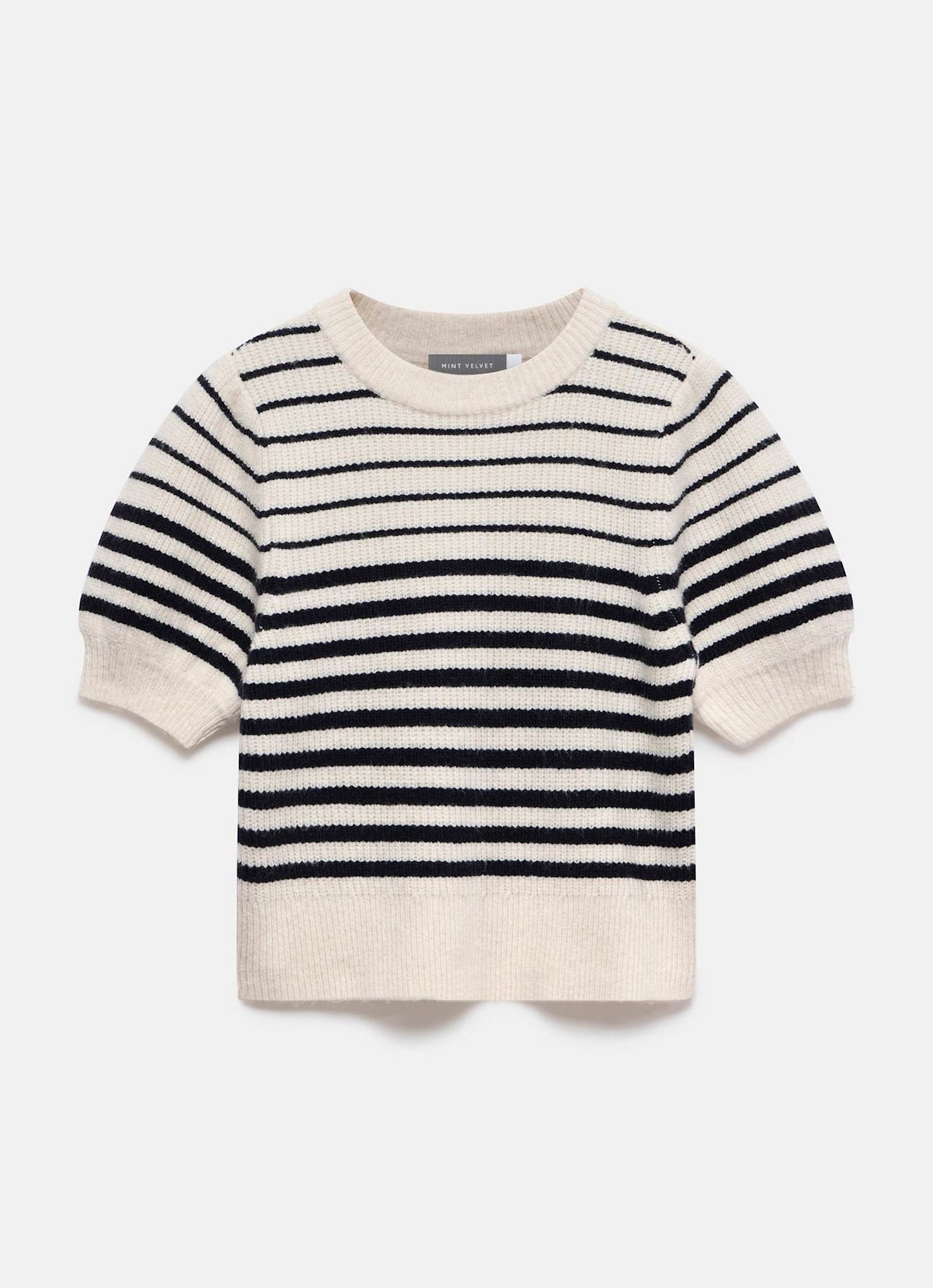 Navy Striped Puff Sleeve Knit Top