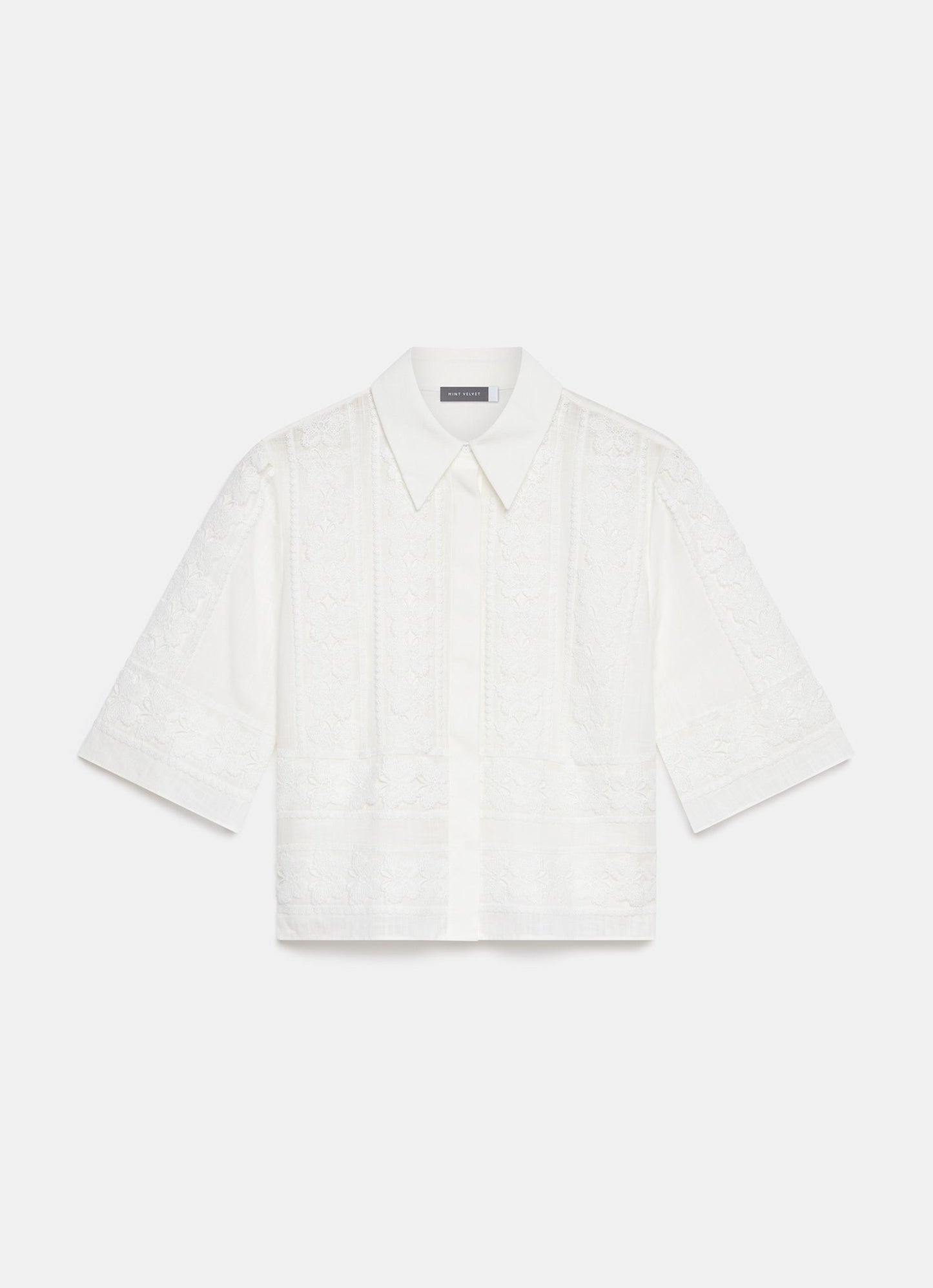 White Crochet Butterfly Trim Cropped Shirt