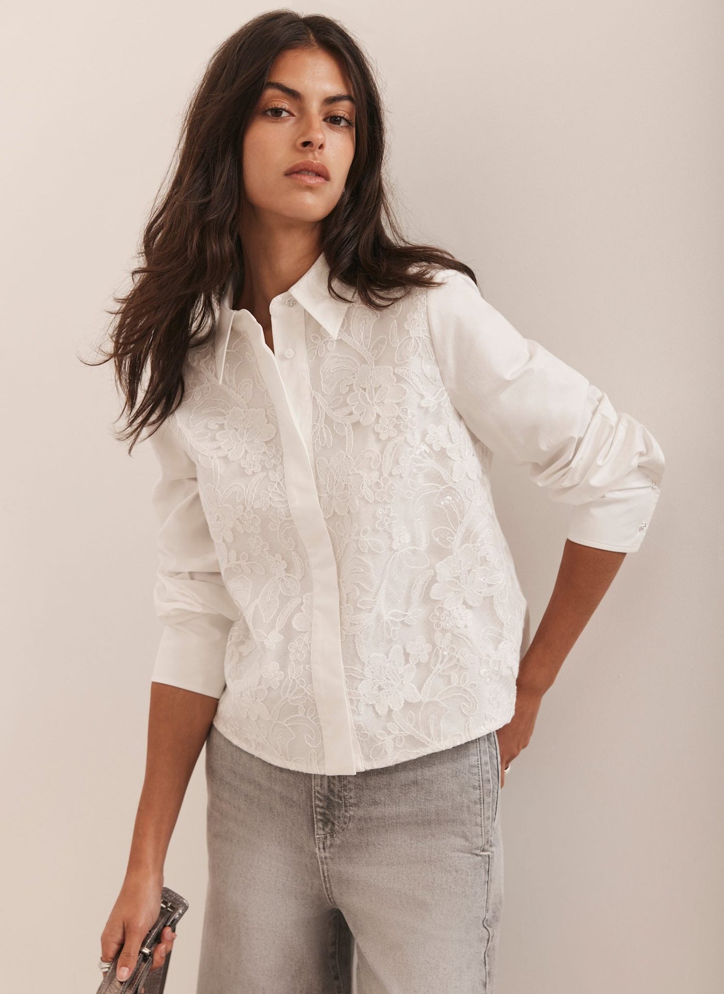 White Sequin Lace Cotton Shirt