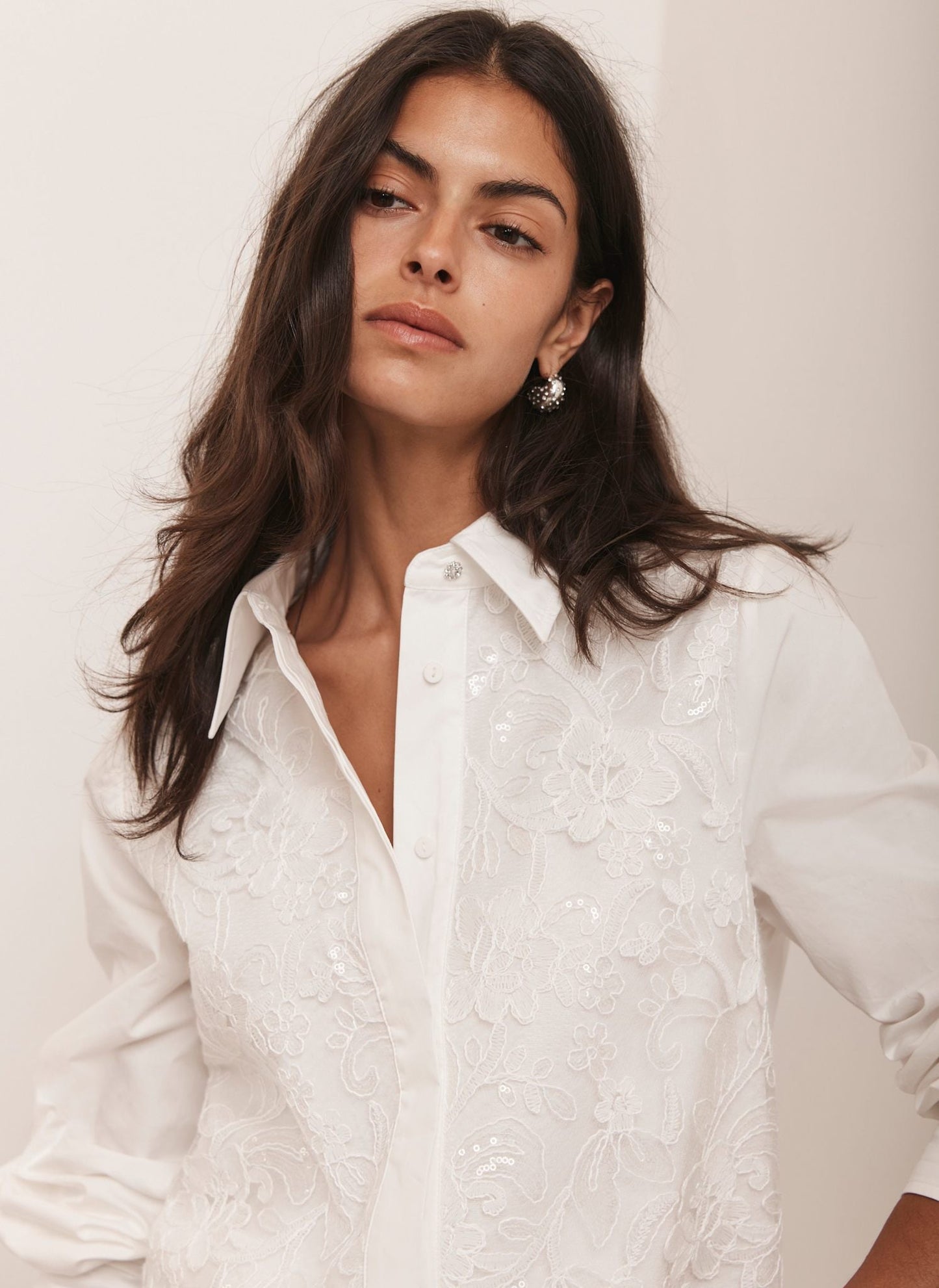 White Sequin Lace Cotton Shirt