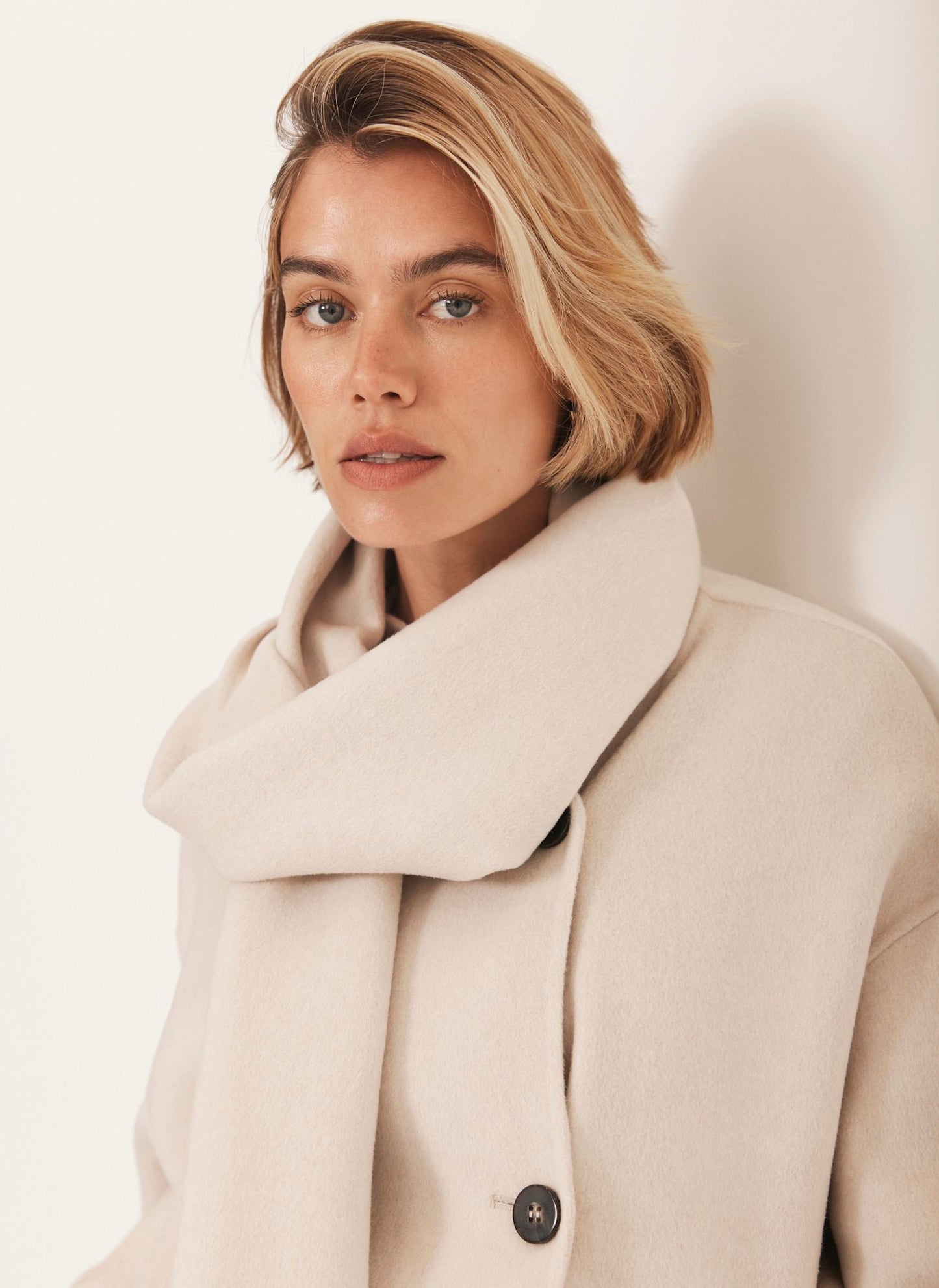 Neutral Wool Blend Hand Finished Scarf Coat