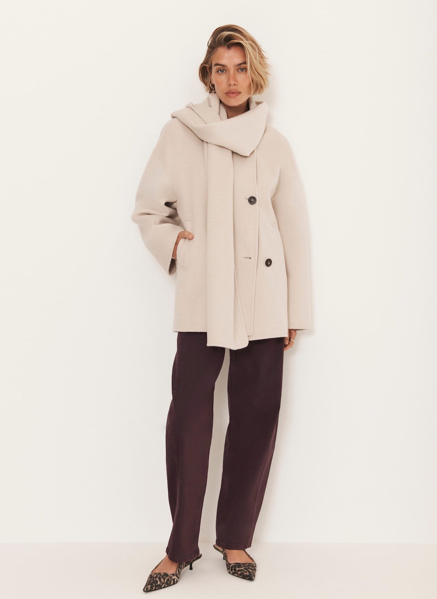 Neutral Wool Blend Hand Finished Scarf Coat