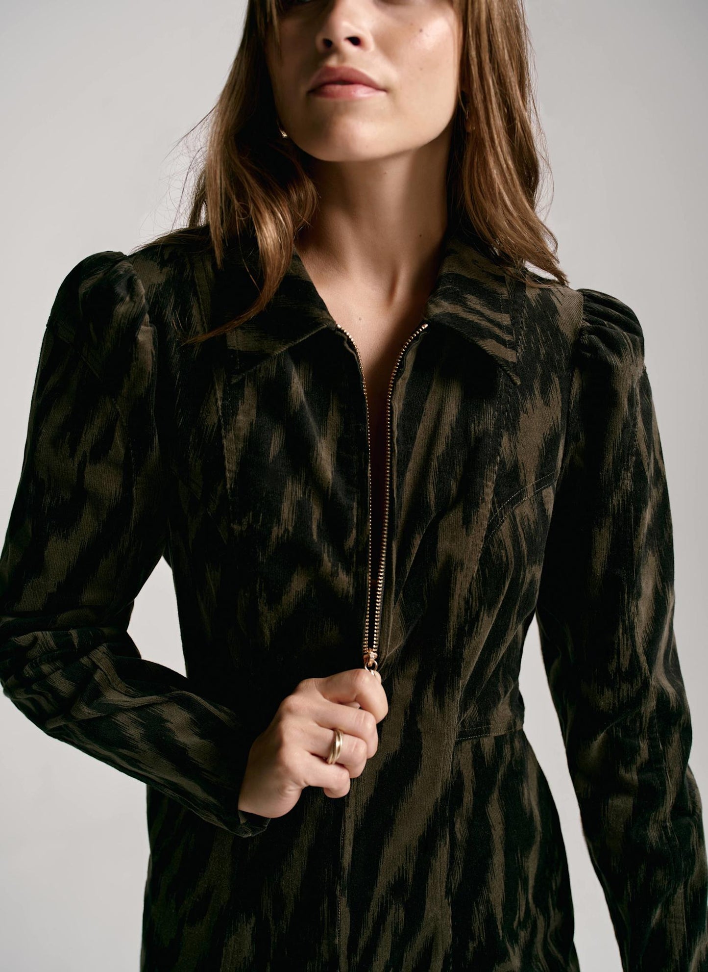 Khaki Zebra Print Corduroy Midi Dress