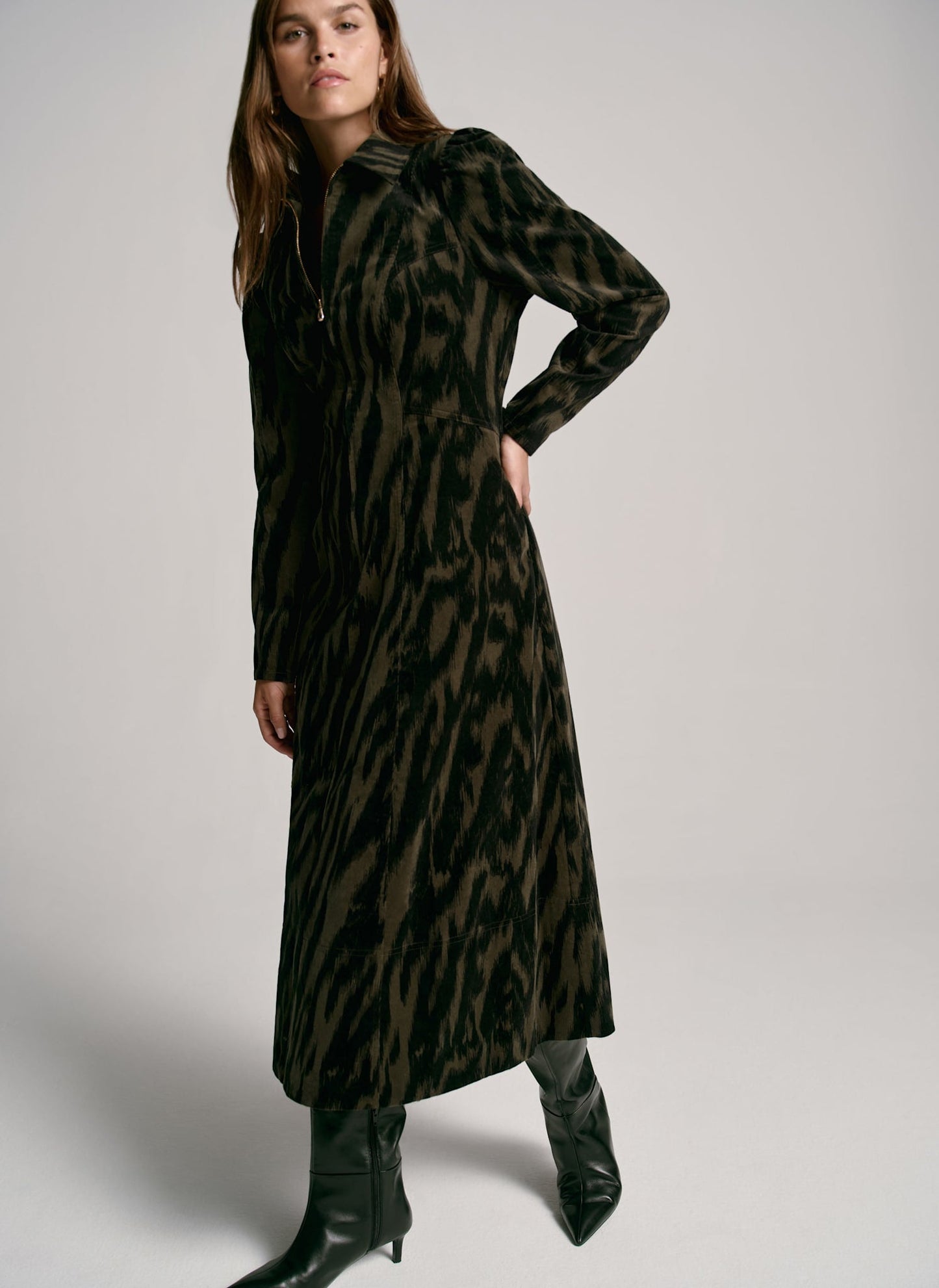 Khaki Zebra Print Corduroy Midi Dress