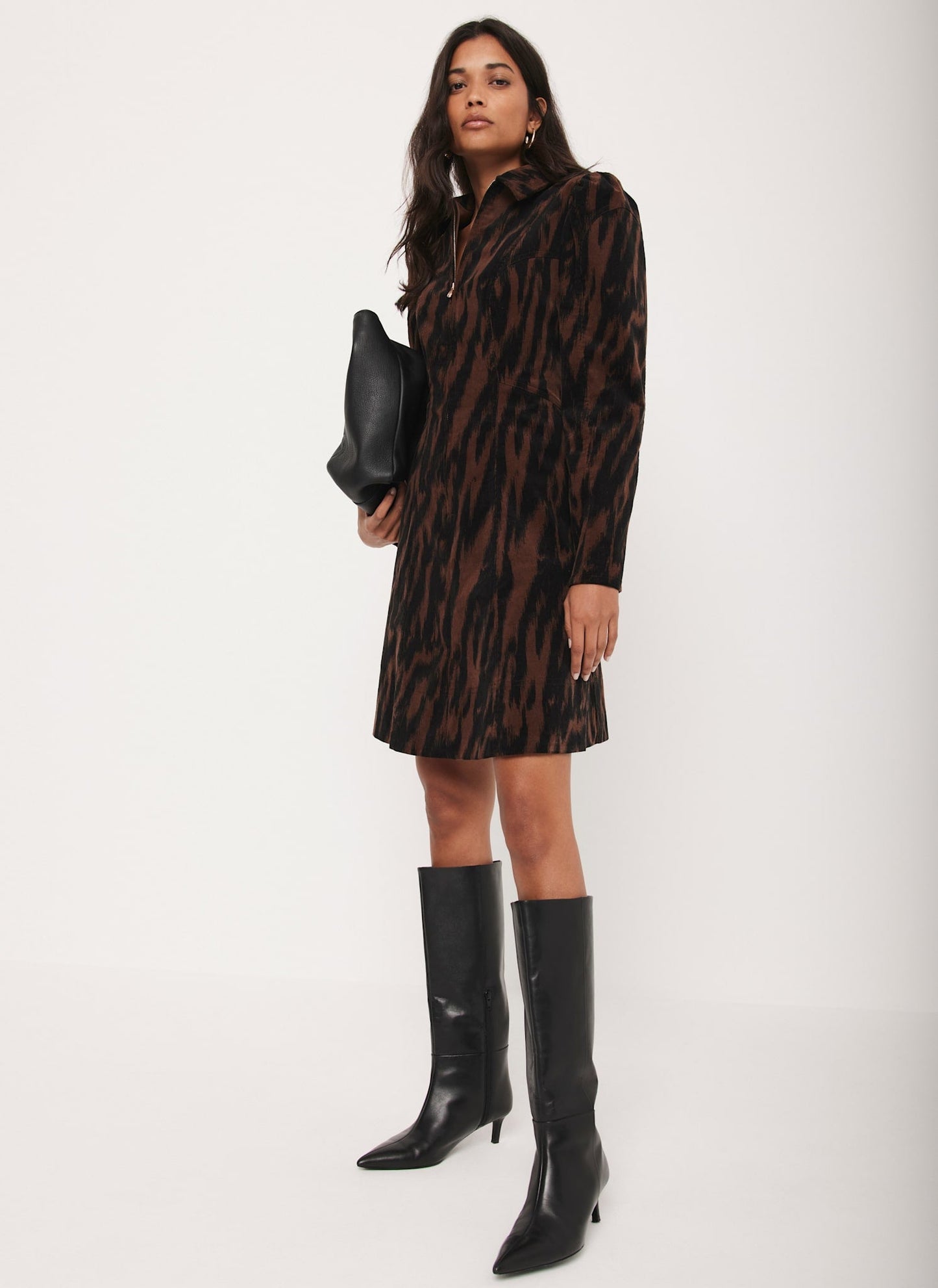 Brown Zebra Print Corduroy Mini Dress