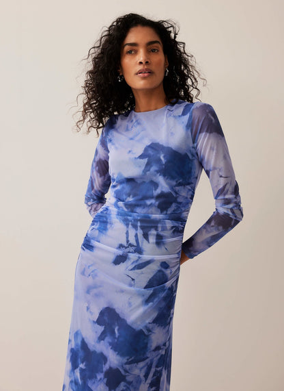 Blue Abstract Print Mesh Midi Dress