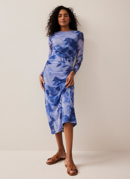 Blue Abstract Print Mesh Midi Dress