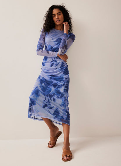 Blue Abstract Print Mesh Midi Dress
